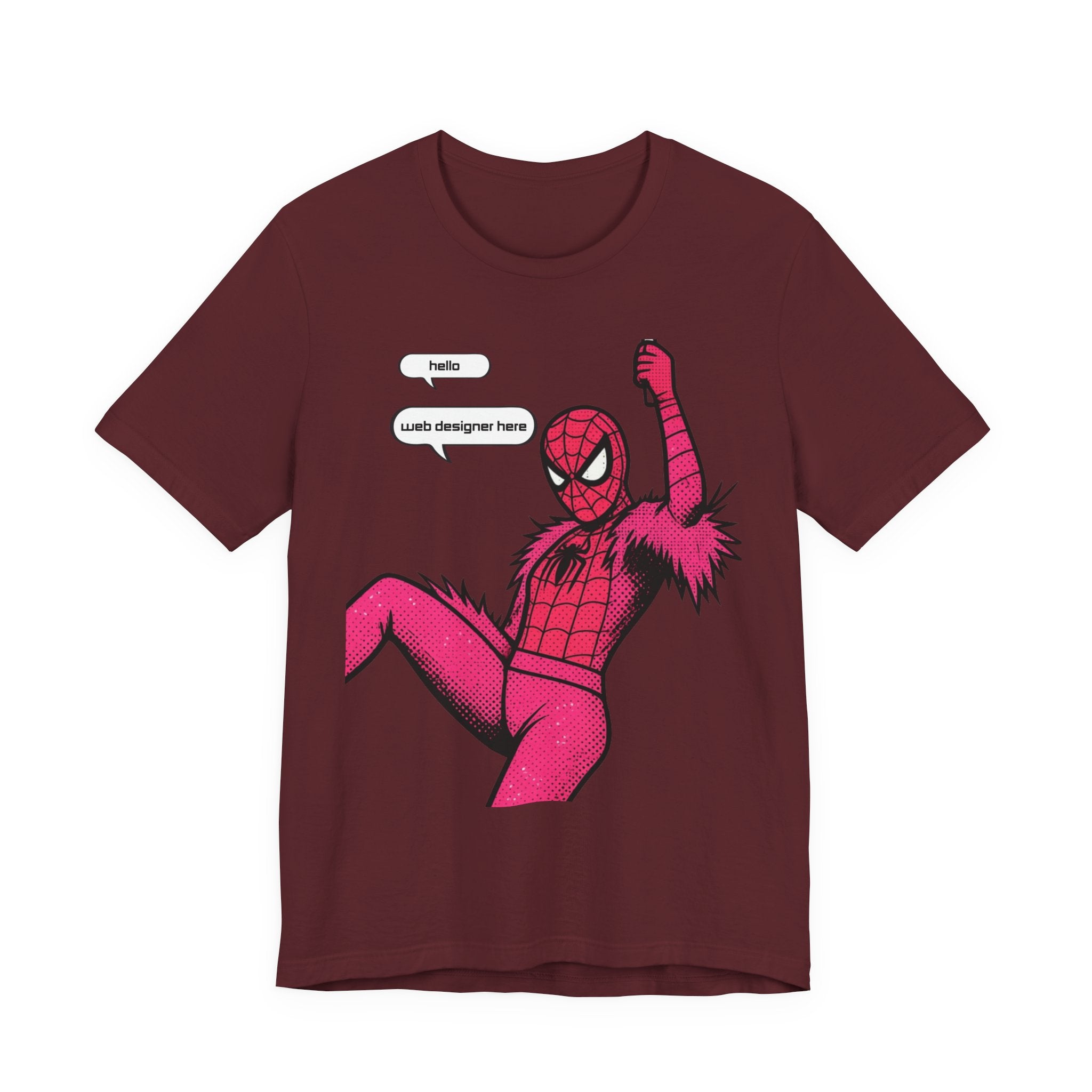 Graphic Tee — Pink Spider Costume with Speech Bubbles (“Hello” / “Add designer here”)
