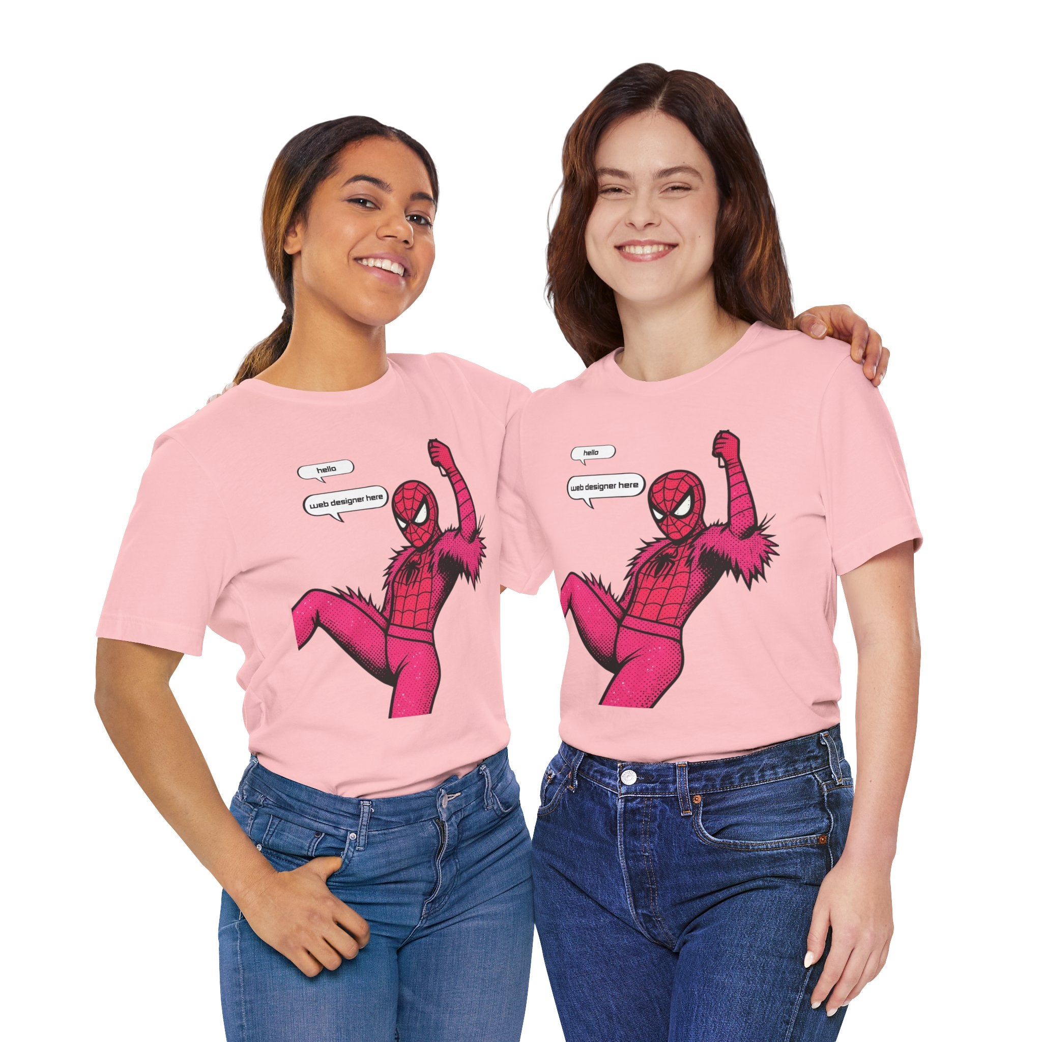 Graphic Tee — Pink Spider Costume with Speech Bubbles (“Hello” / “Add designer here”)
