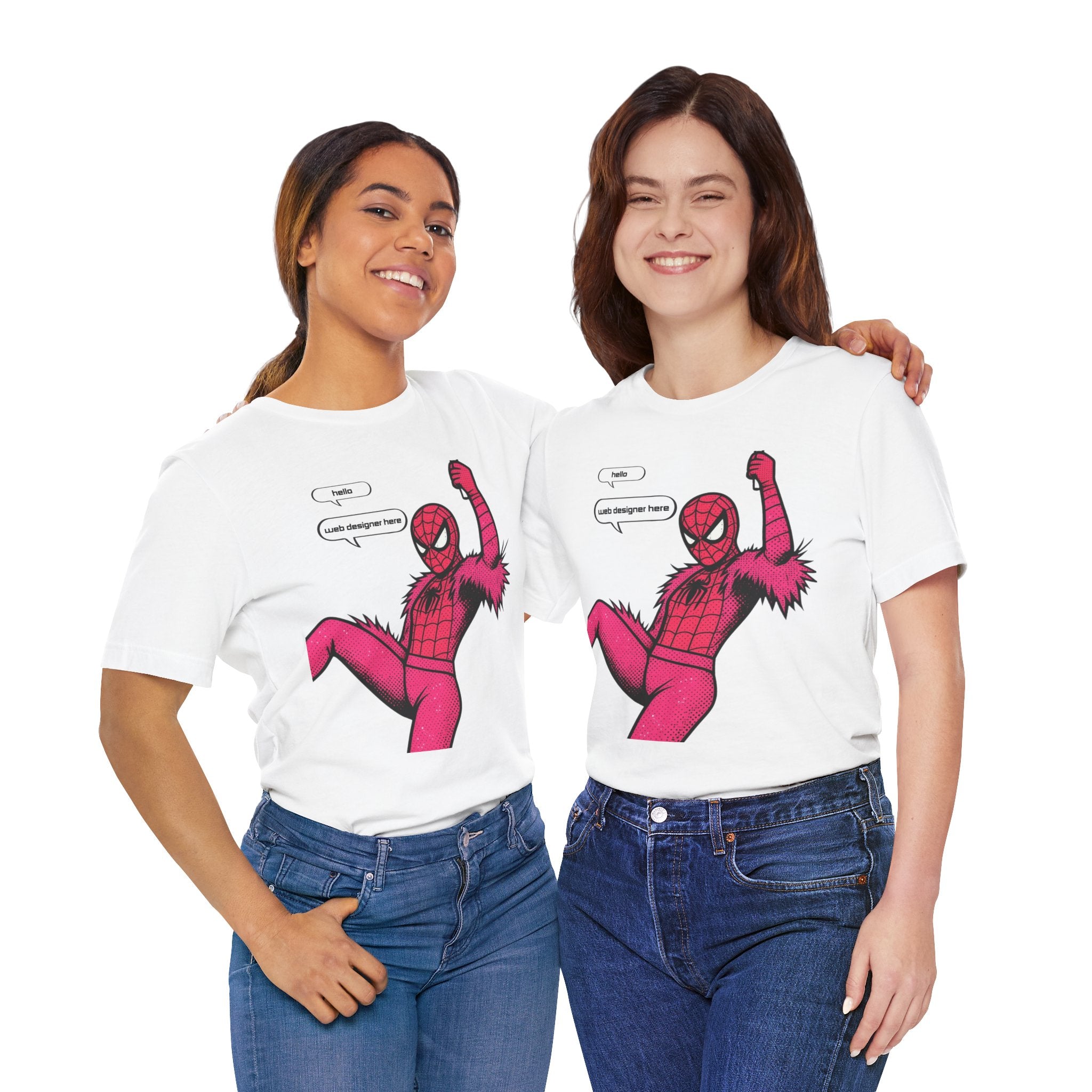 Graphic Tee — Pink Spider Costume with Speech Bubbles (“Hello” / “Add designer here”)