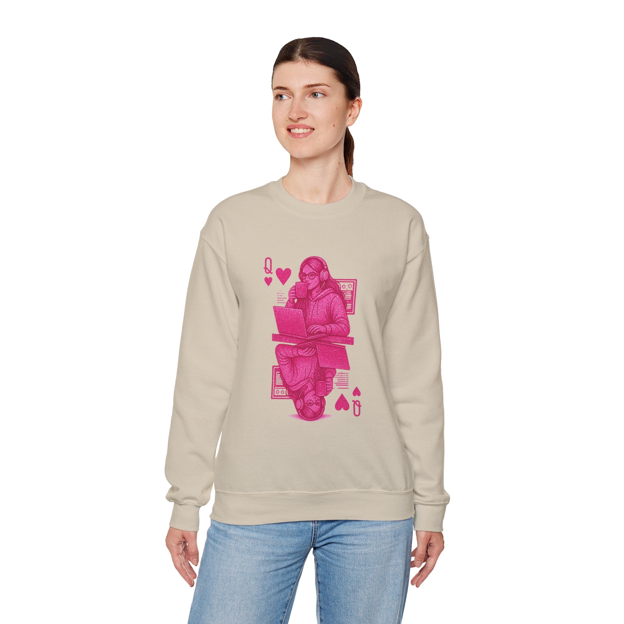 Crewneck Sweatshirt — Pink Gamer Queen Playing Card Design
