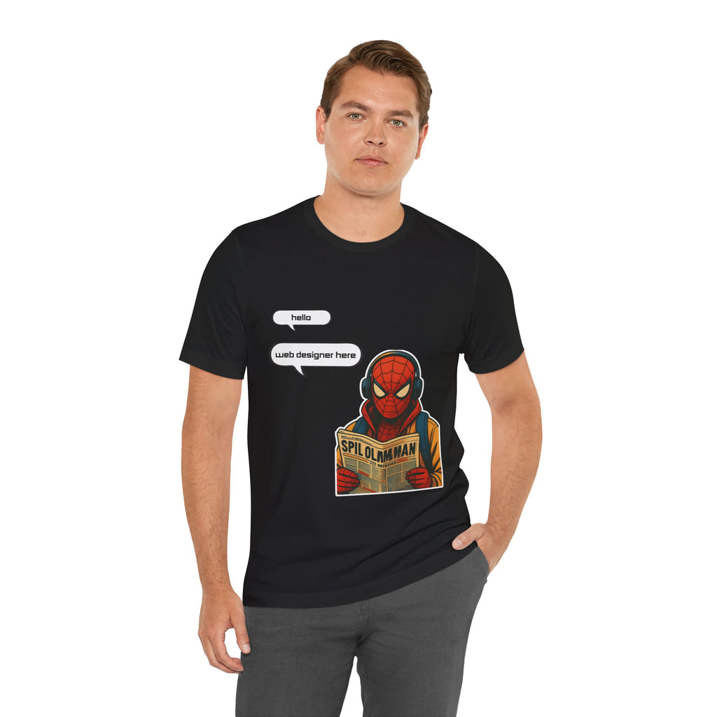 Spider Comic Tee - Reading 'SPIL OLMAN' Graphic T-Shirt