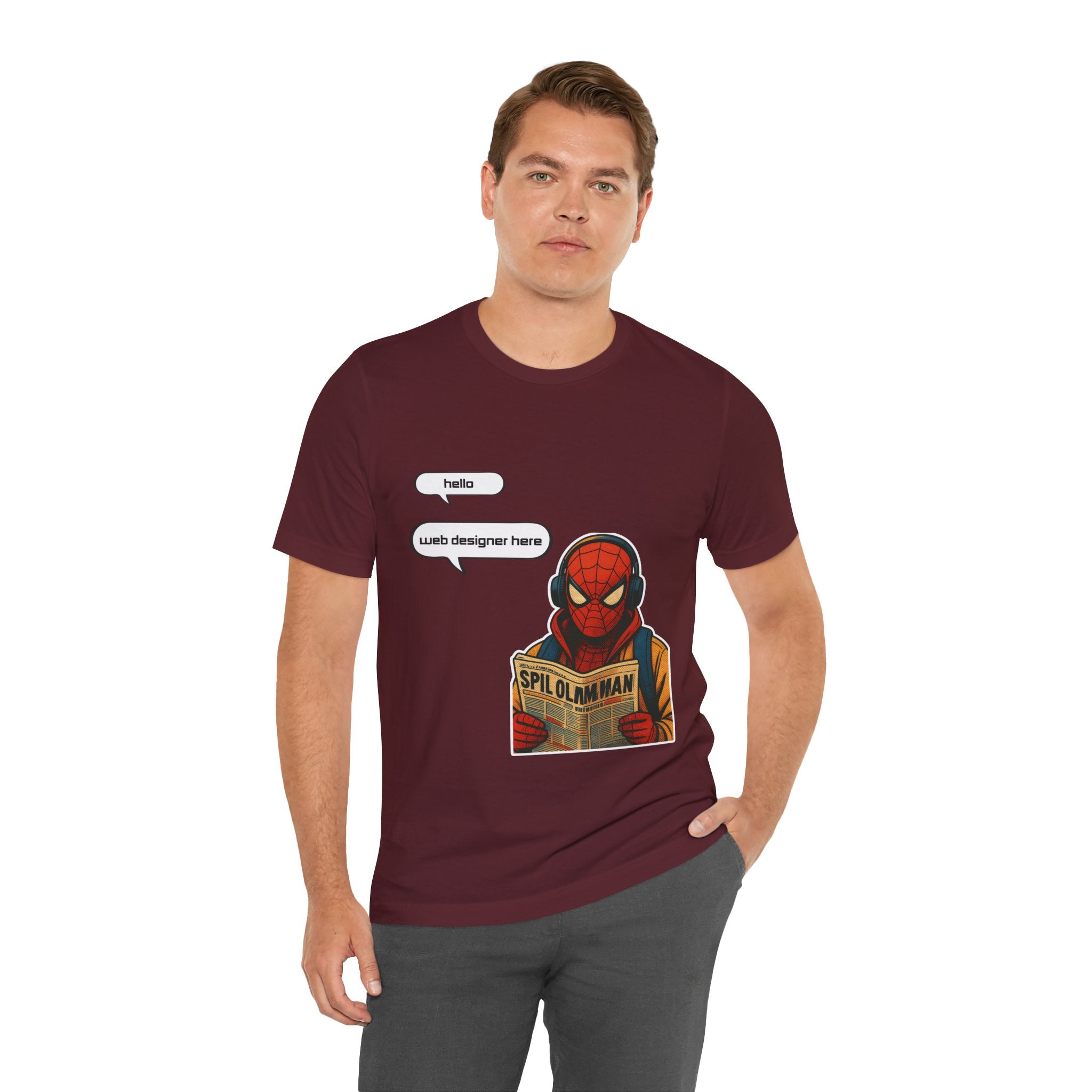 Spider Comic Tee - Reading 'SPIL OLMAN' Graphic T-Shirt