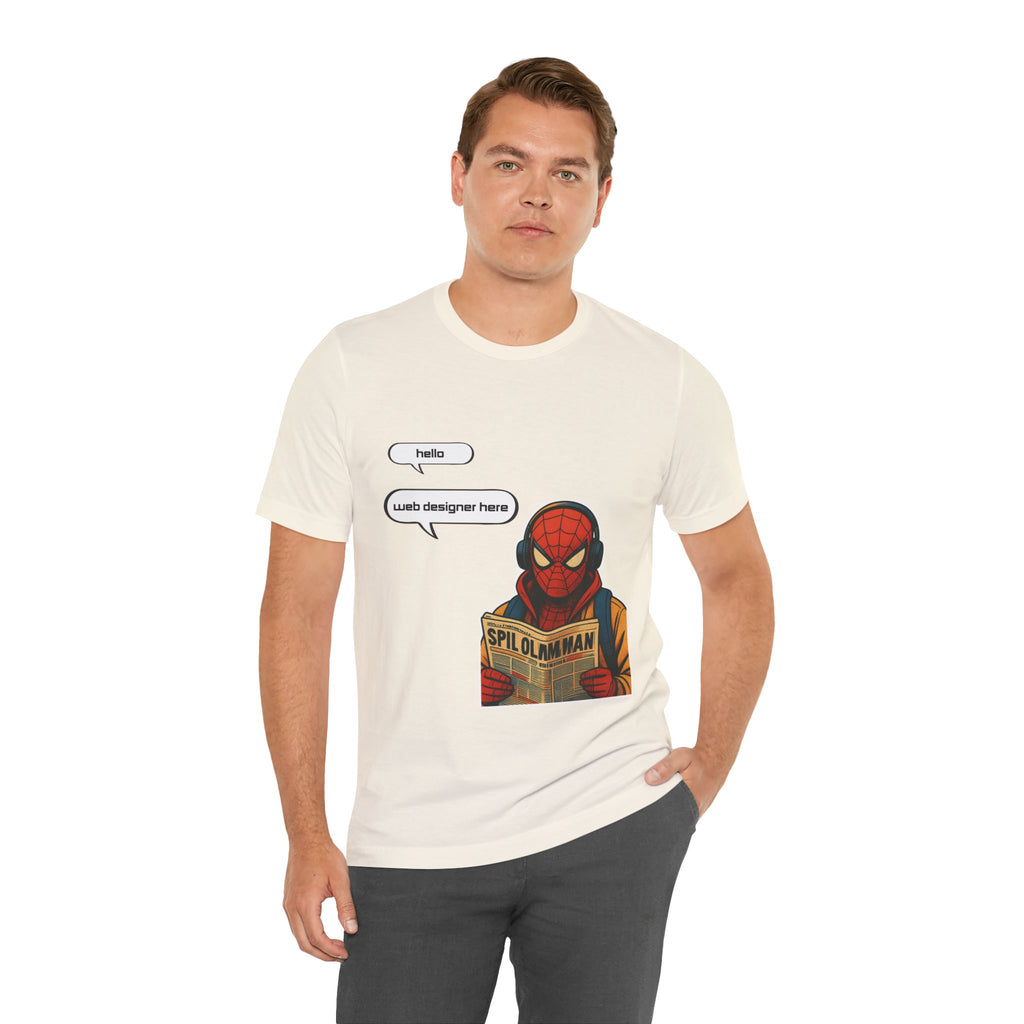 Spider Comic Tee - Reading 'SPIL OLMAN' Graphic T-Shirt