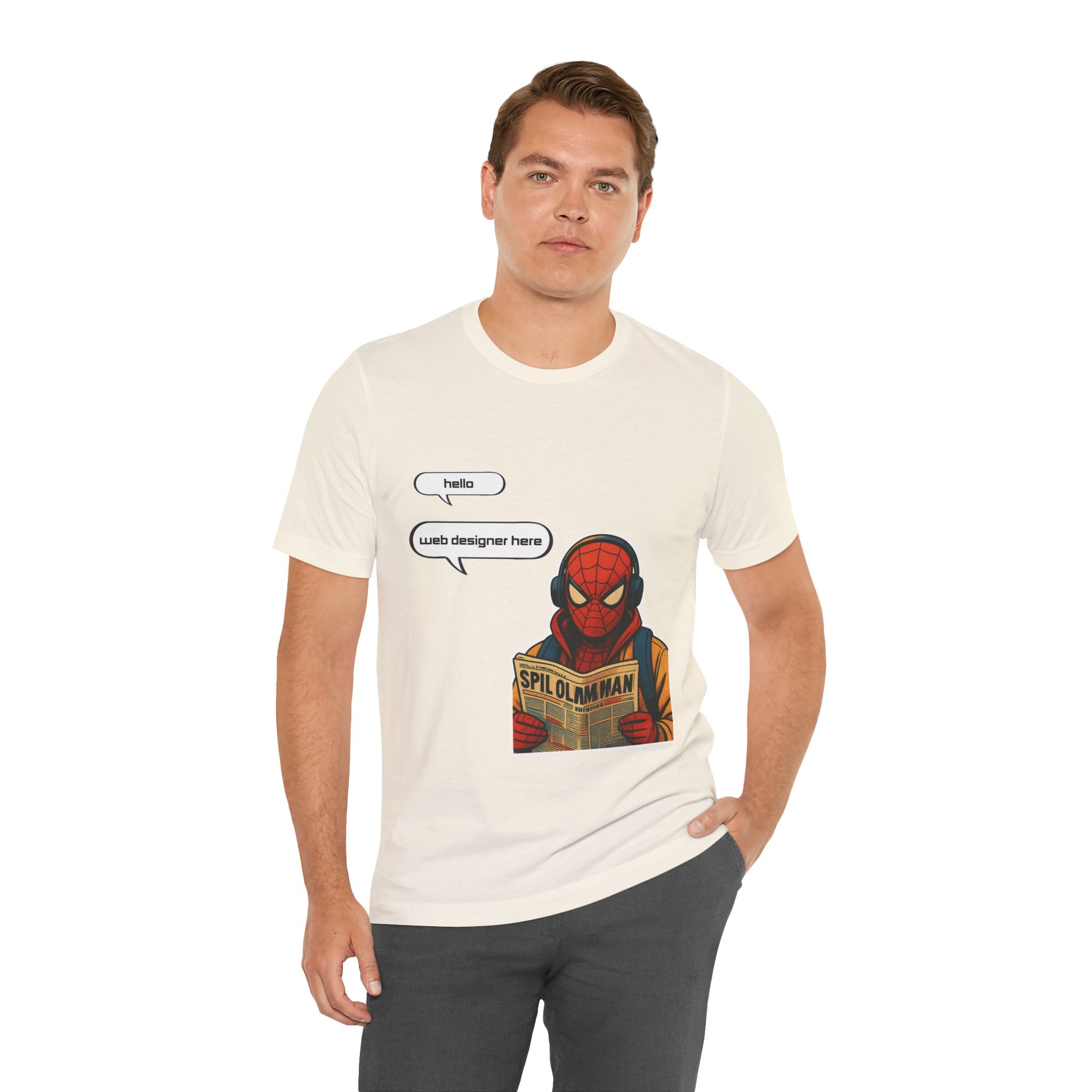 Spider Comic Tee - Reading 'SPIL OLMAN' Graphic T-Shirt