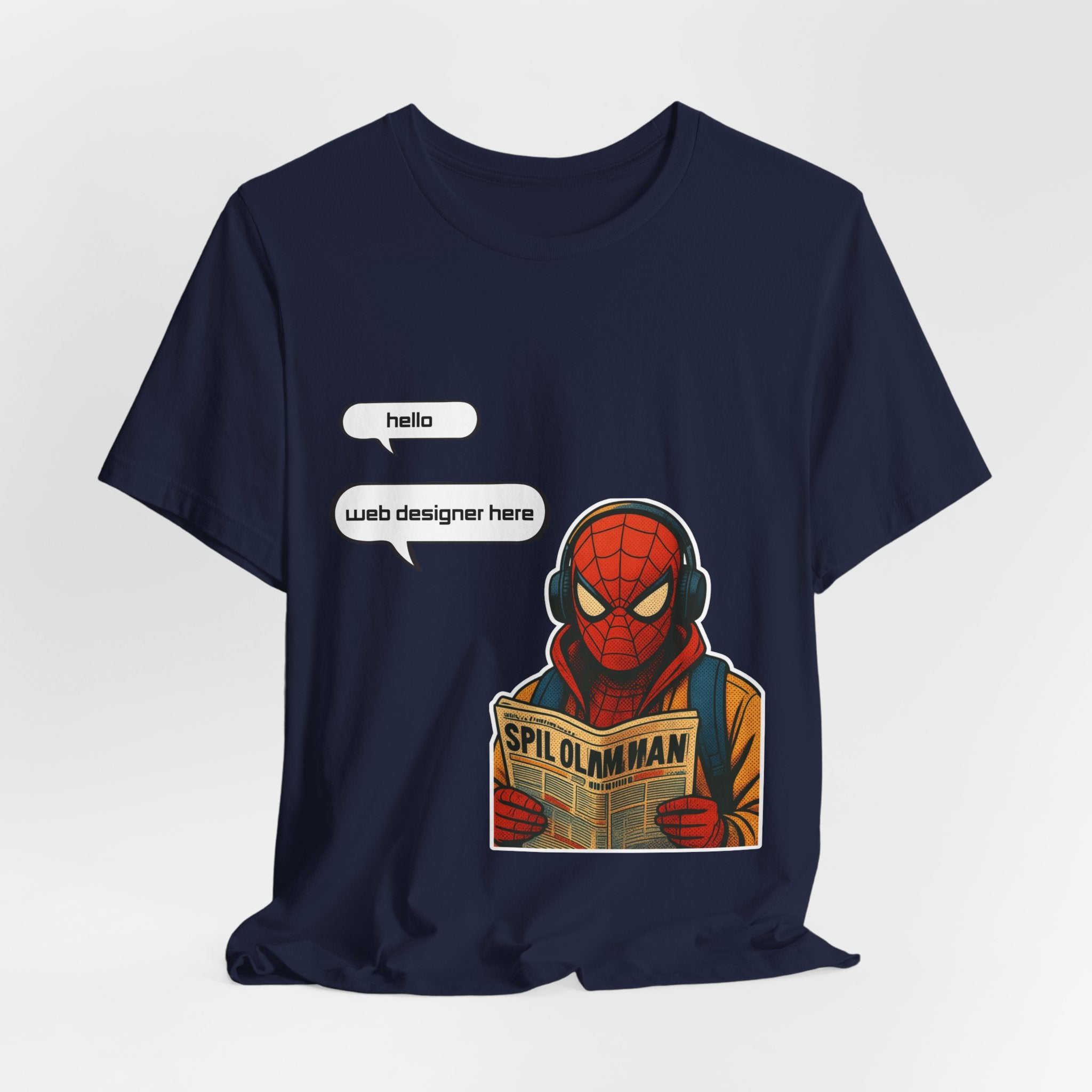 Spider Comic Tee - Reading 'SPIL OLMAN' Graphic T-Shirt