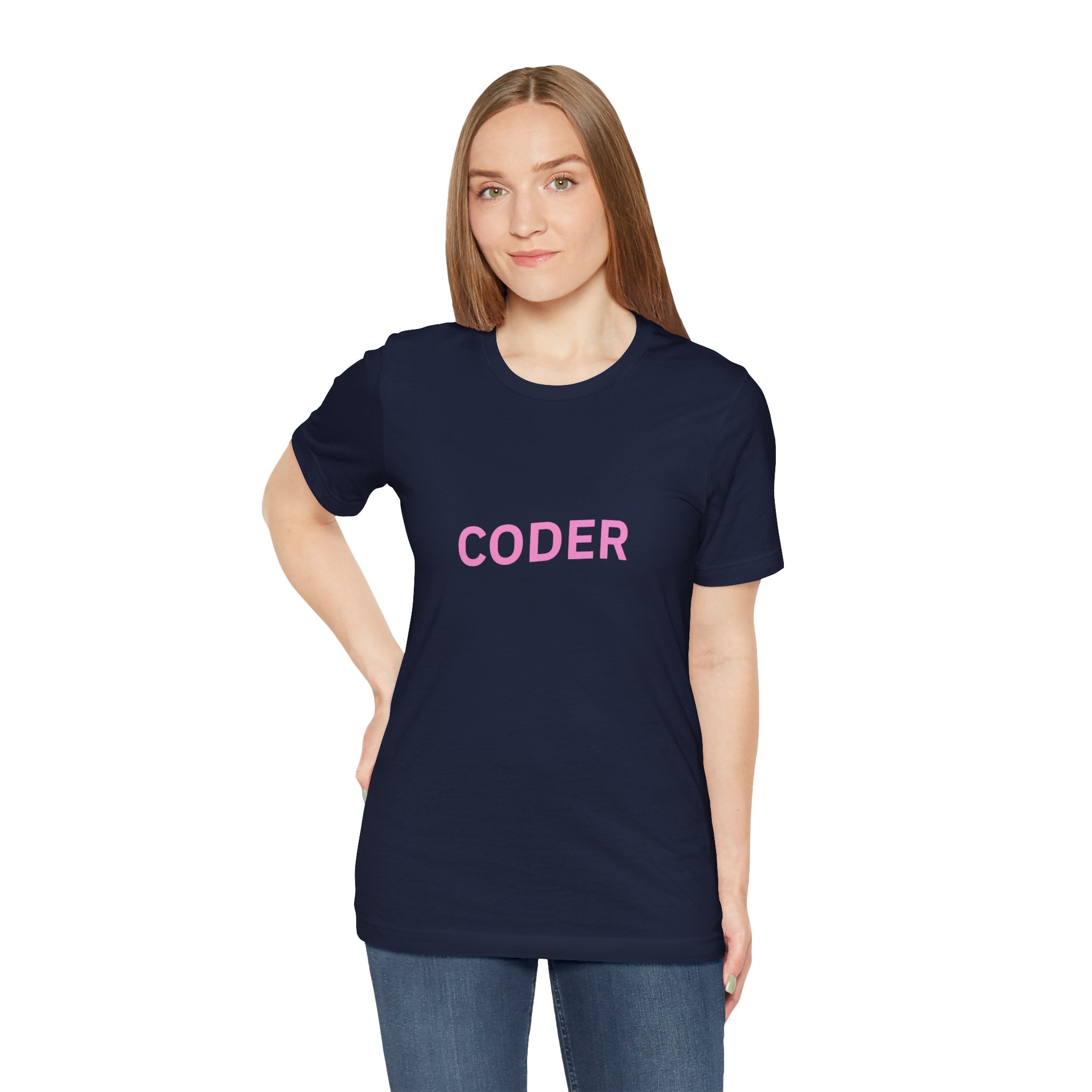 Coder Graphic Tee — Minimal Pink Text Programmer T‑Shirt