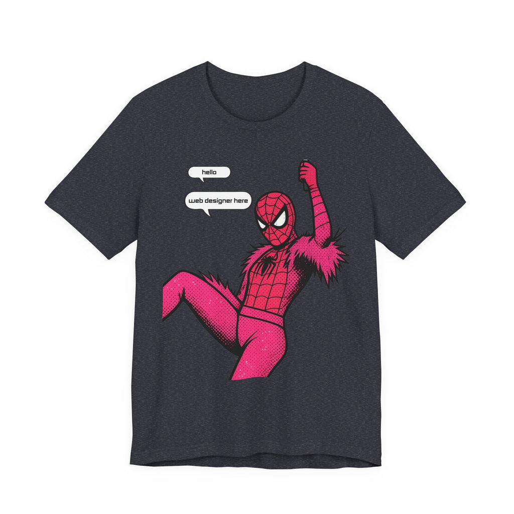 Graphic Tee — Pink Spider Costume with Speech Bubbles (“Hello” / “Add designer here”)