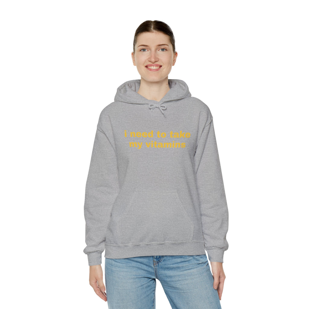 Vitamin Reminder Hoodie – “I need to take my vitamins” Cozy Pullover with Pill Bottle Back Print