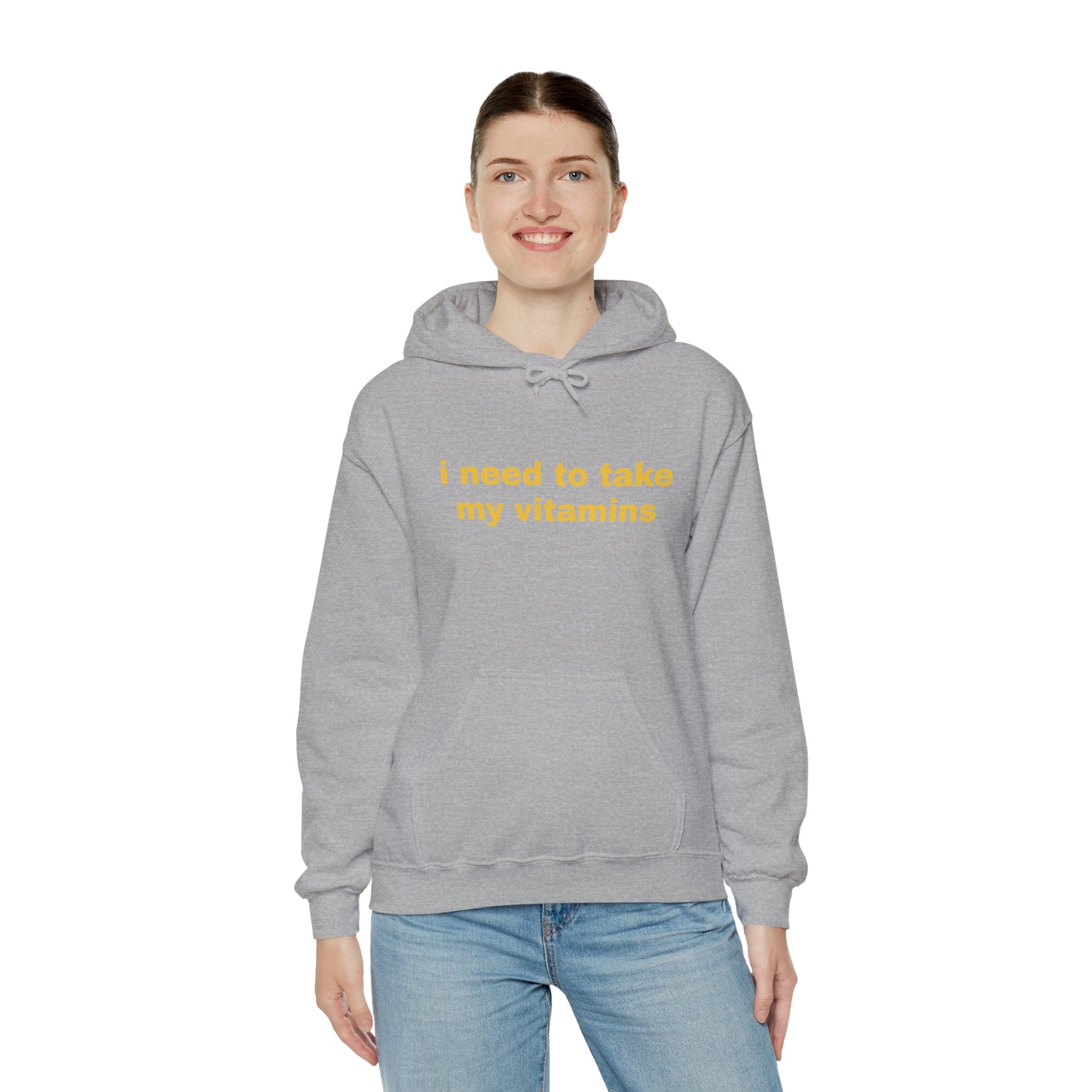 Vitamin Reminder Hoodie – “I need to take my vitamins” Cozy Pullover with Pill Bottle Back Print