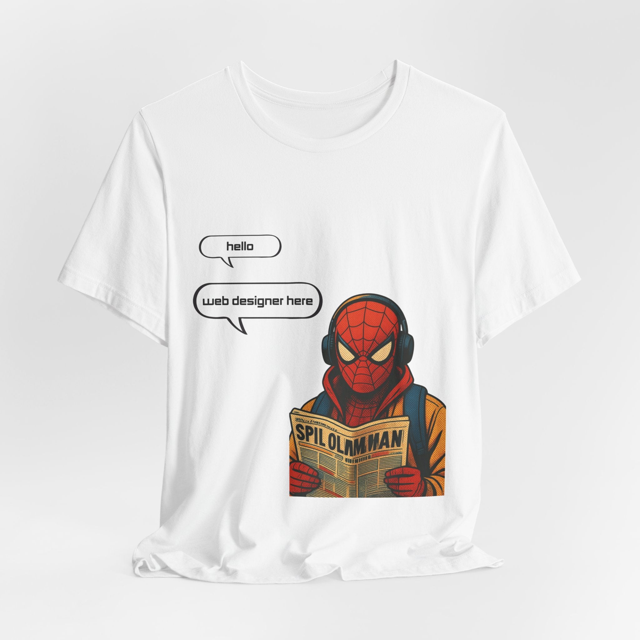 Spider Comic Tee - Reading 'SPIL OLMAN' Graphic T-Shirt