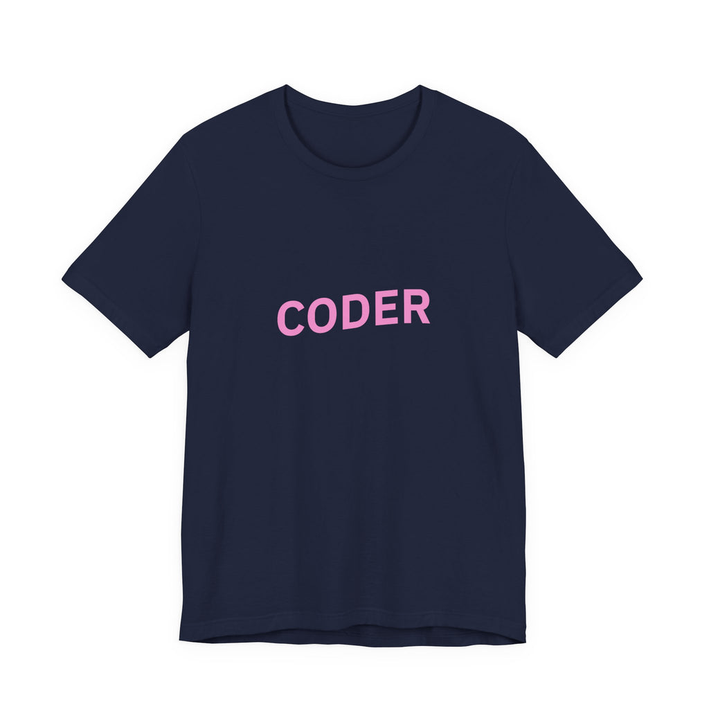 Coder Graphic Tee — Minimal Pink Text Programmer T‑Shirt