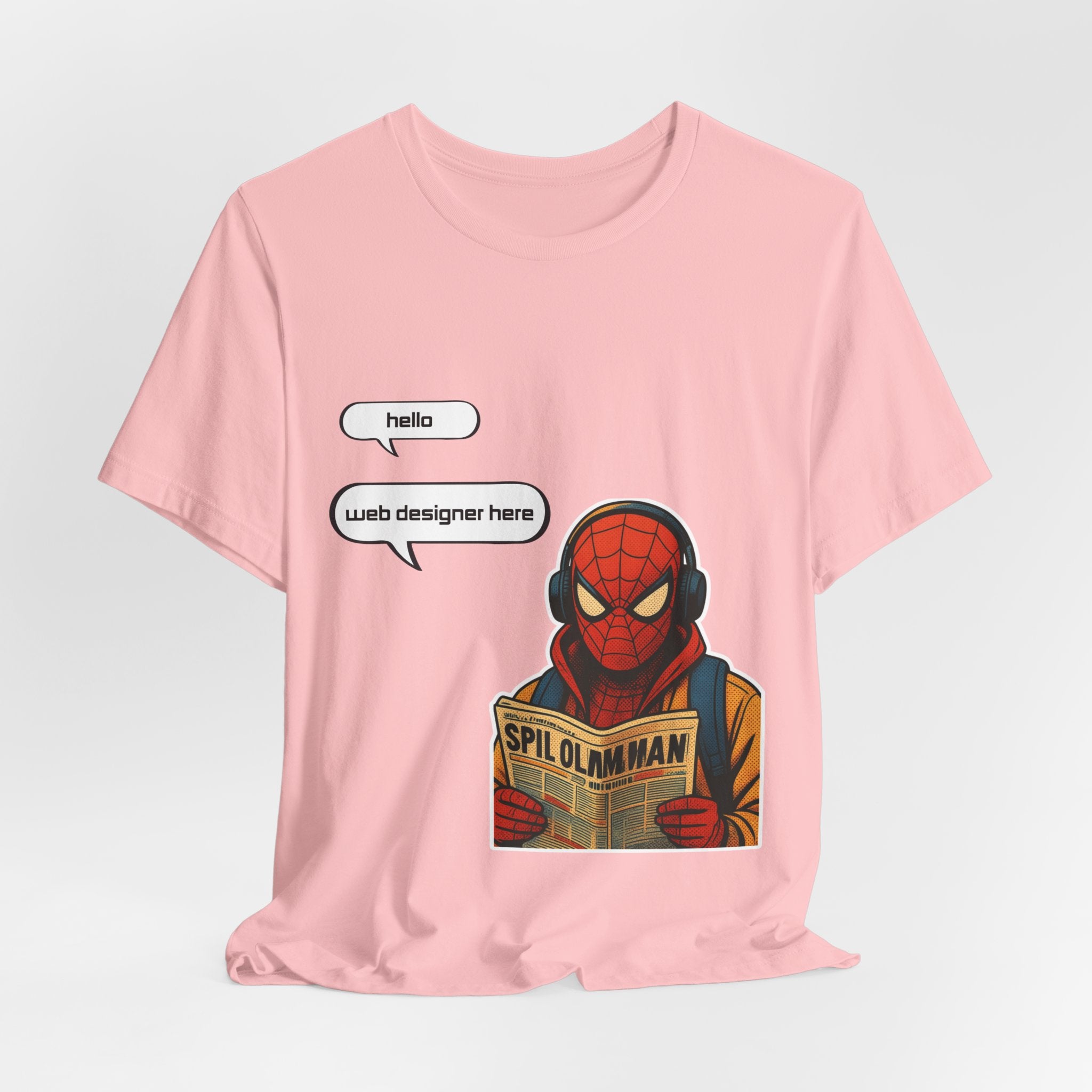 Spider Comic Tee - Reading 'SPIL OLMAN' Graphic T-Shirt