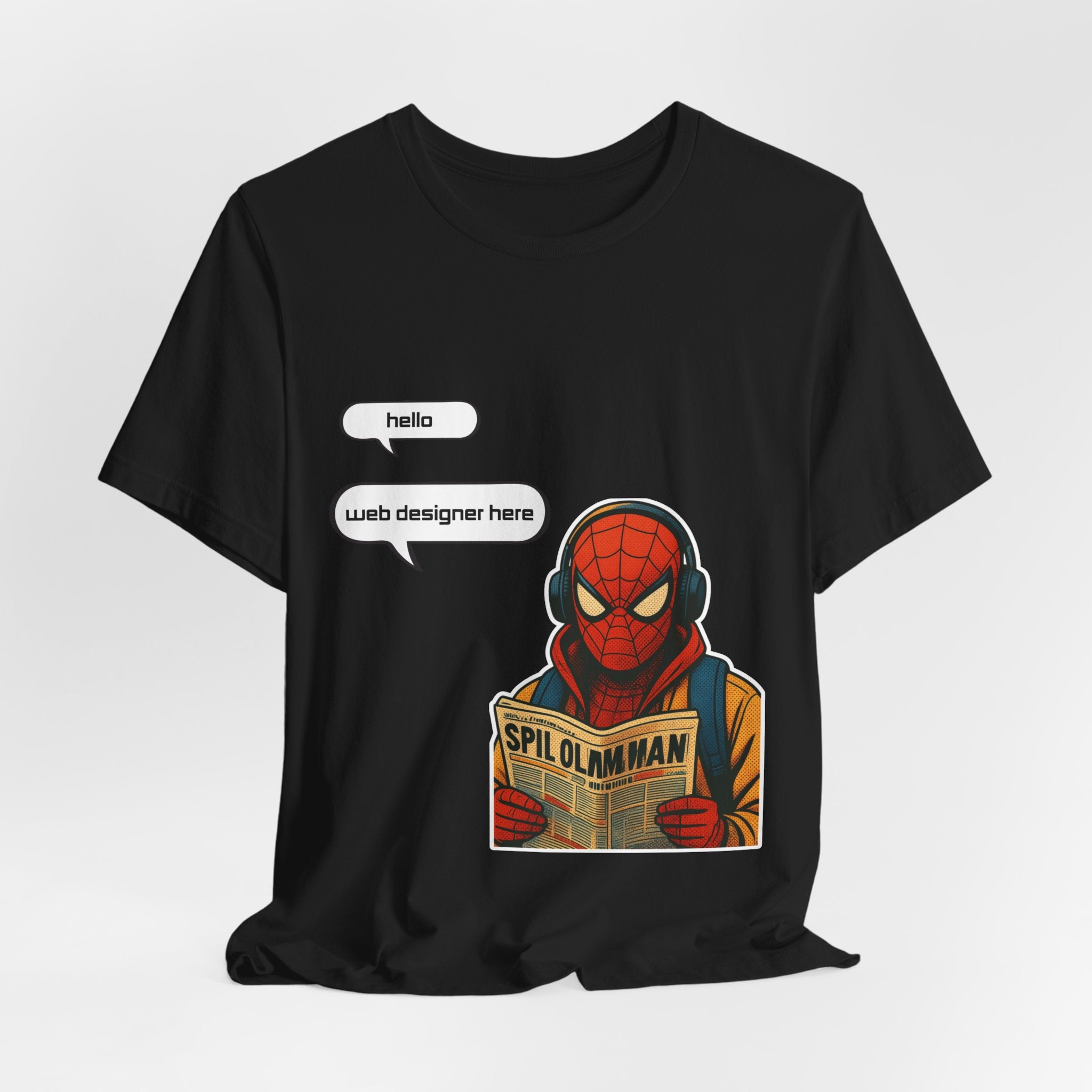 Spider Comic Tee - Reading 'SPIL OLMAN' Graphic T-Shirt