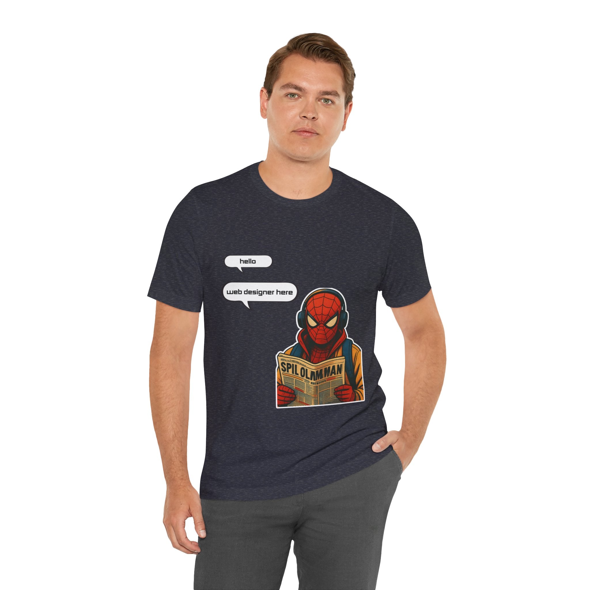 Spider Comic Tee - Reading 'SPIL OLMAN' Graphic T-Shirt