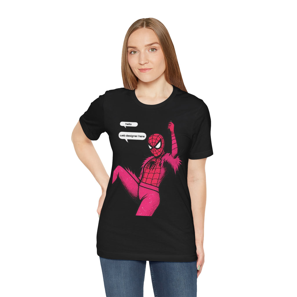 Graphic Tee — Pink Spider Costume with Speech Bubbles (“Hello” / “Add designer here”)
