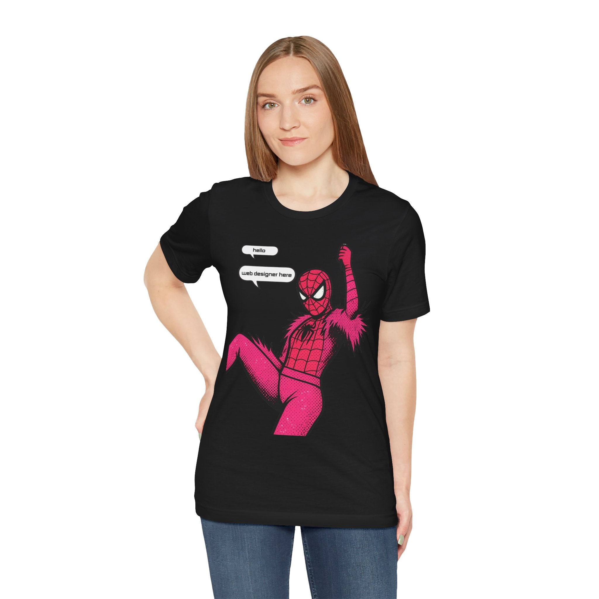 Graphic Tee — Pink Spider Costume with Speech Bubbles (“Hello” / “Add designer here”)
