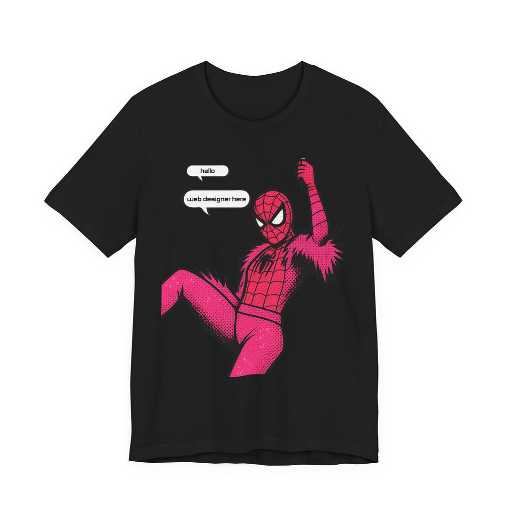 Graphic Tee — Pink Spider Costume with Speech Bubbles (“Hello” / “Add designer here”)
