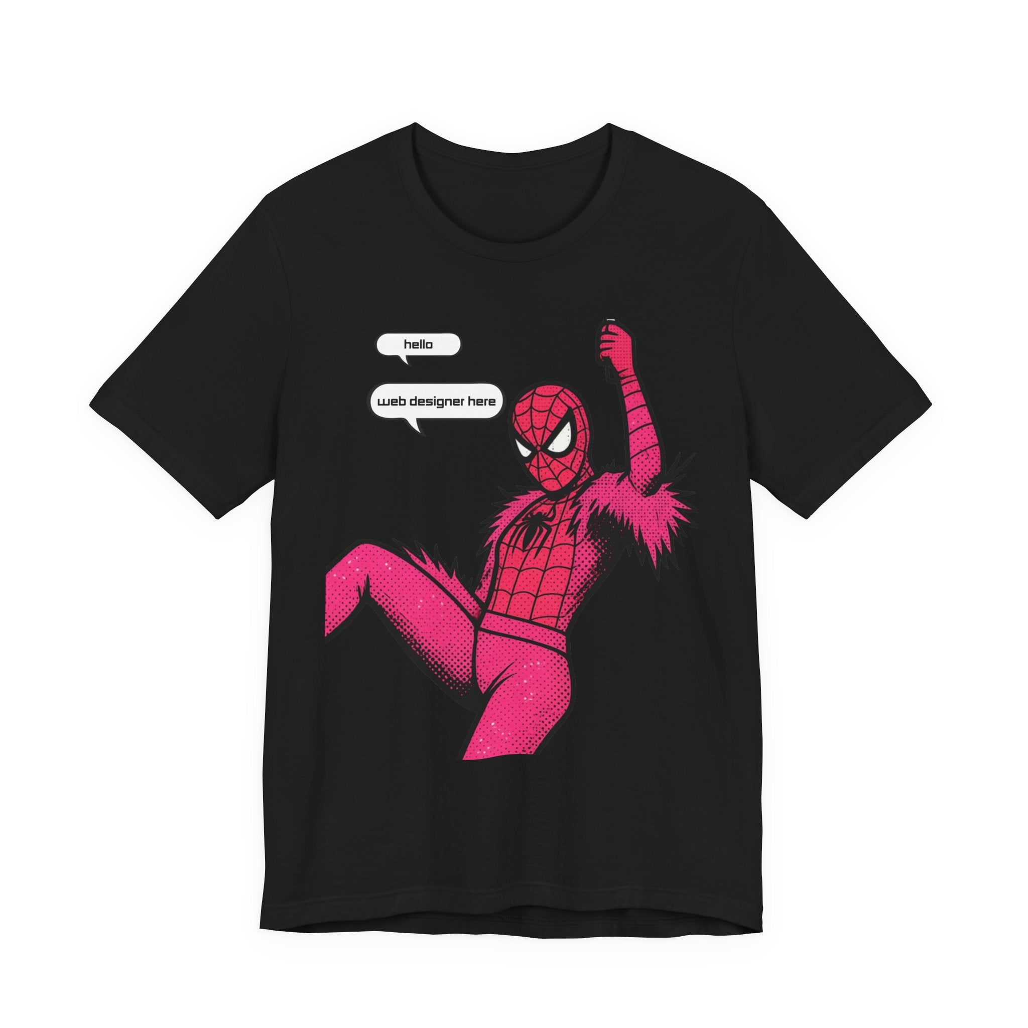 Graphic Tee — Pink Spider Costume with Speech Bubbles (“Hello” / “Add designer here”)