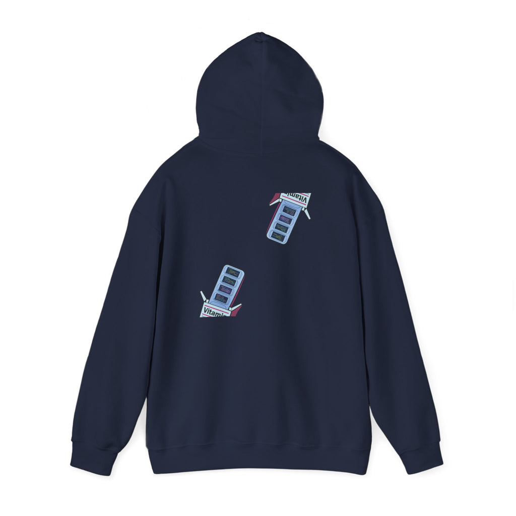 Vitamin Reminder Hoodie – “I need to take my vitamins” Cozy Pullover with Pill Bottle Back Print