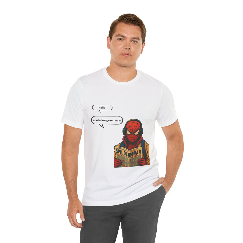Spider Comic Tee - Reading 'SPIL OLMAN' Graphic T-Shirt