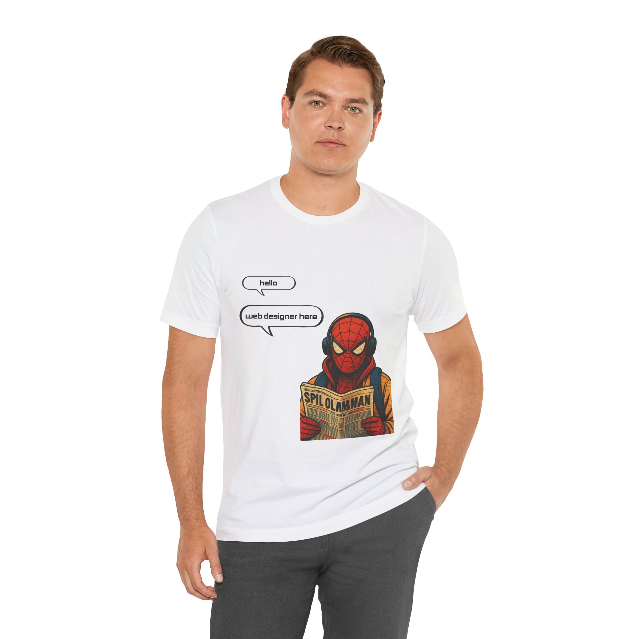 Spider Comic Tee - Reading 'SPIL OLMAN' Graphic T-Shirt