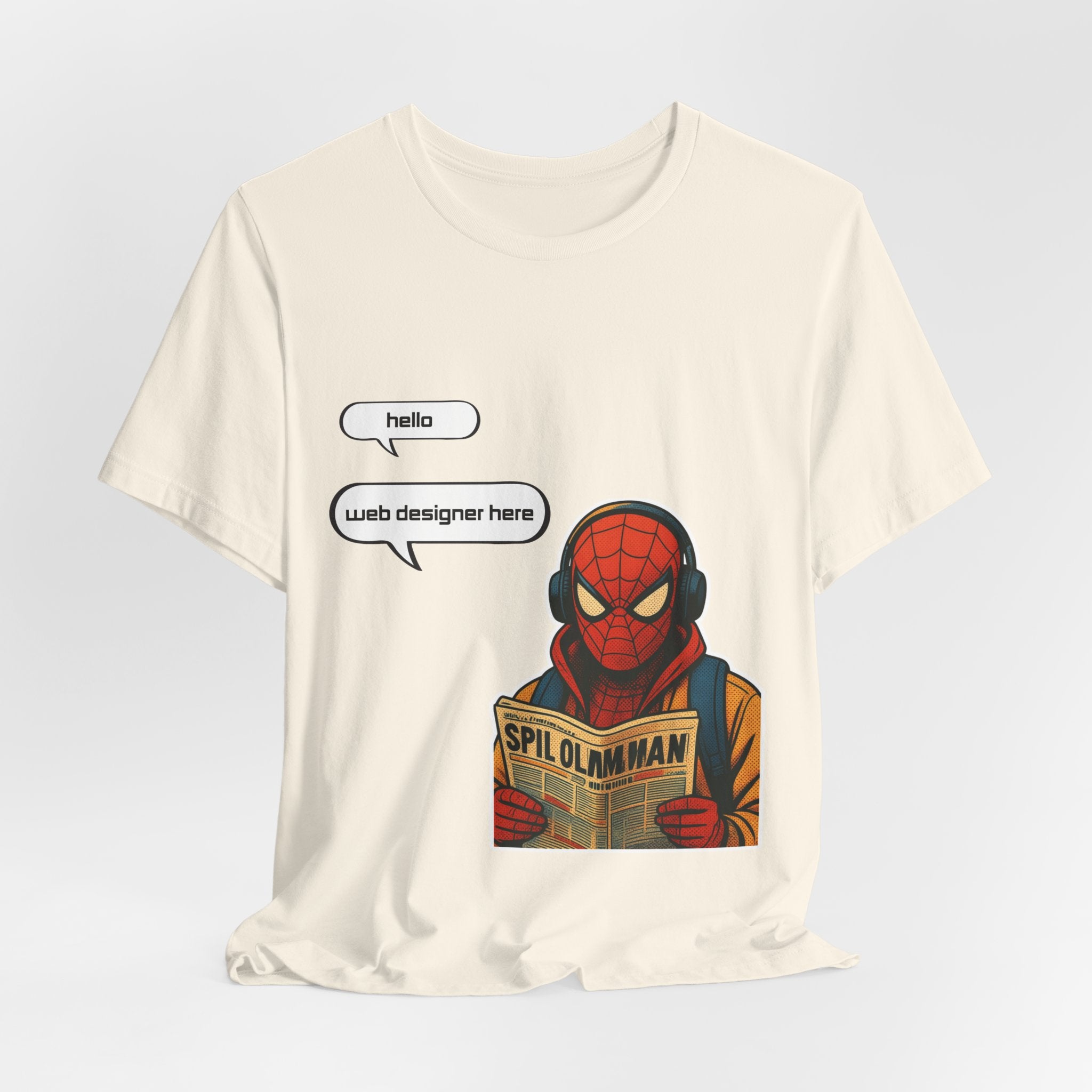 Spider Comic Tee - Reading 'SPIL OLMAN' Graphic T-Shirt