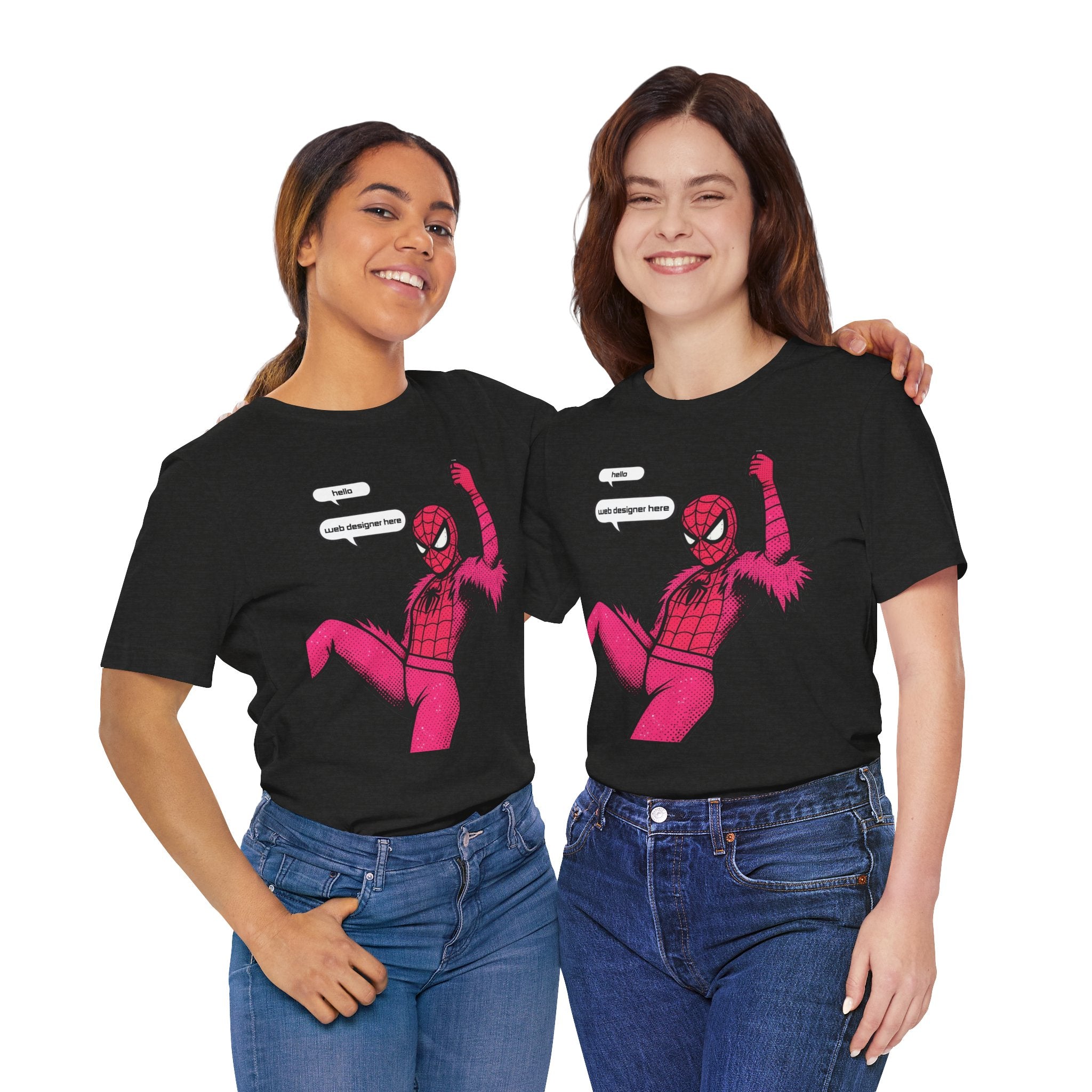 Graphic Tee — Pink Spider Costume with Speech Bubbles (“Hello” / “Add designer here”)