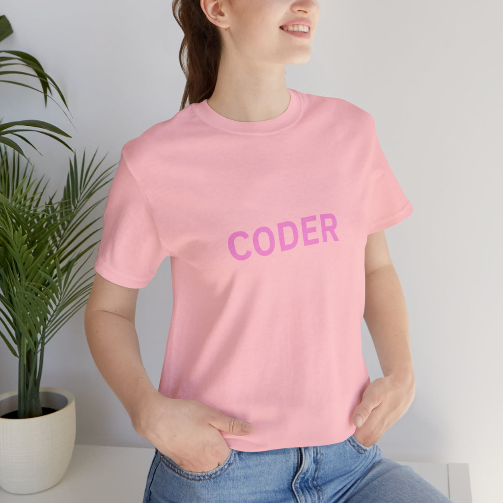 Coder Graphic Tee — Minimal Pink Text Programmer T‑Shirt