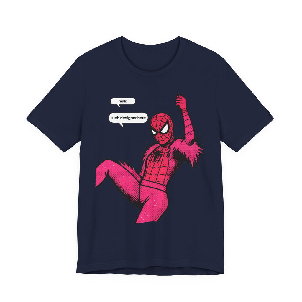 Graphic Tee — Pink Spider Costume with Speech Bubbles (“Hello” / “Add designer here”)