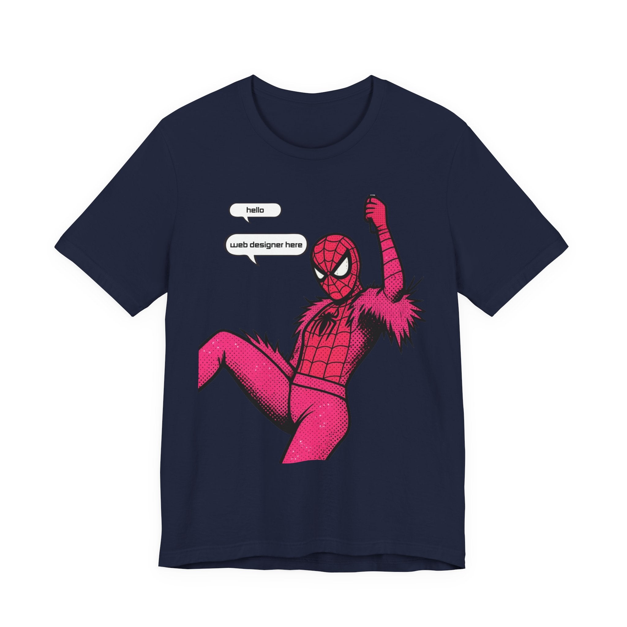 Graphic Tee — Pink Spider Costume with Speech Bubbles (“Hello” / “Add designer here”)