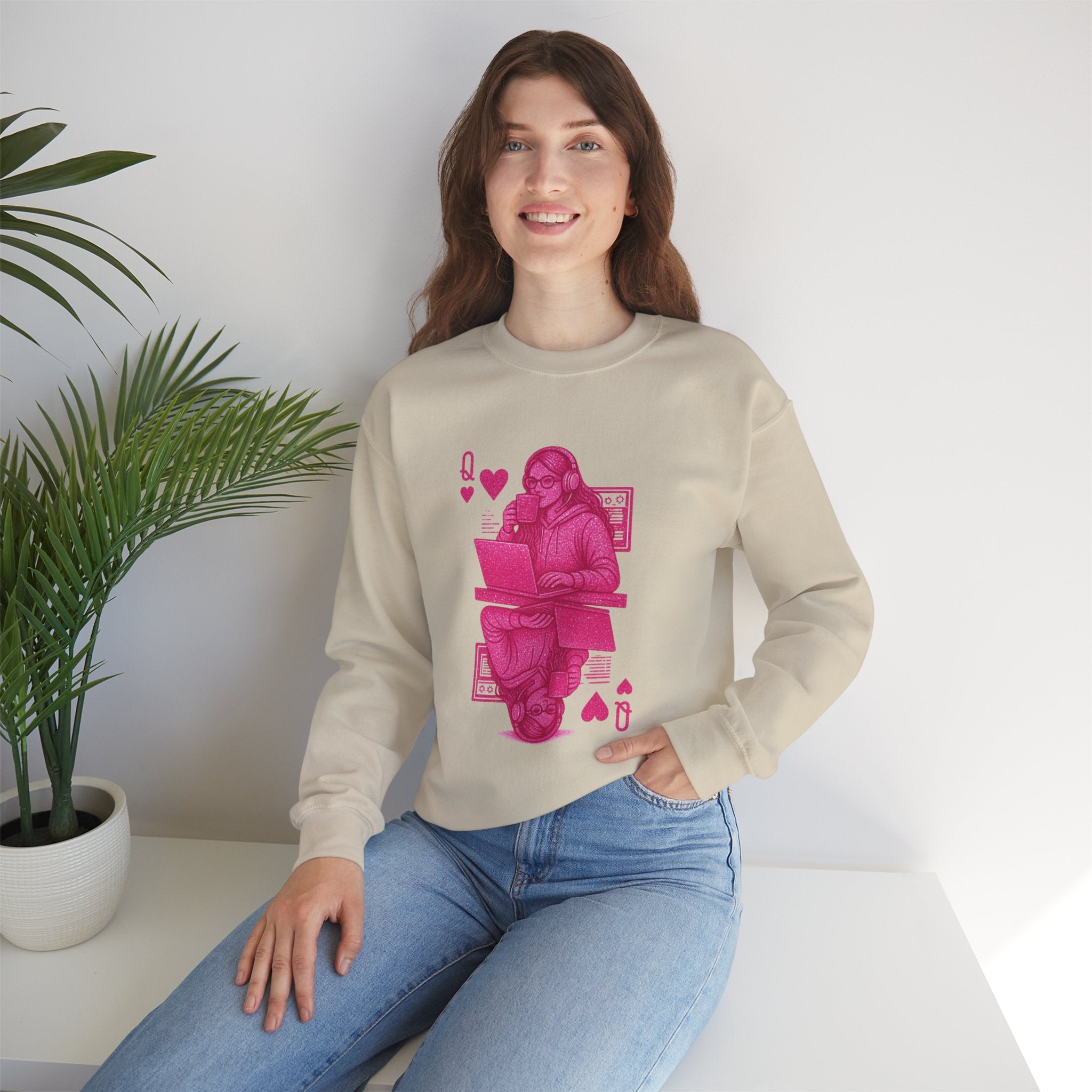 Crewneck Sweatshirt — Pink Gamer Queen Playing Card Design