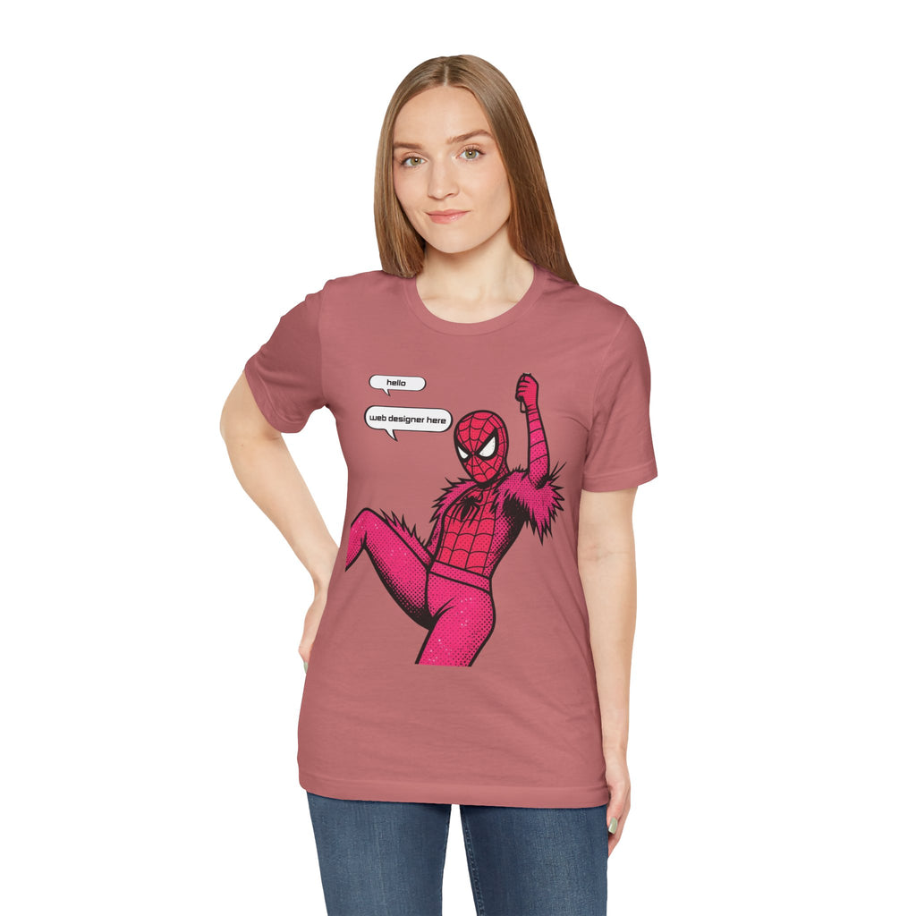 Graphic Tee — Pink Spider Costume with Speech Bubbles (“Hello” / “Add designer here”)