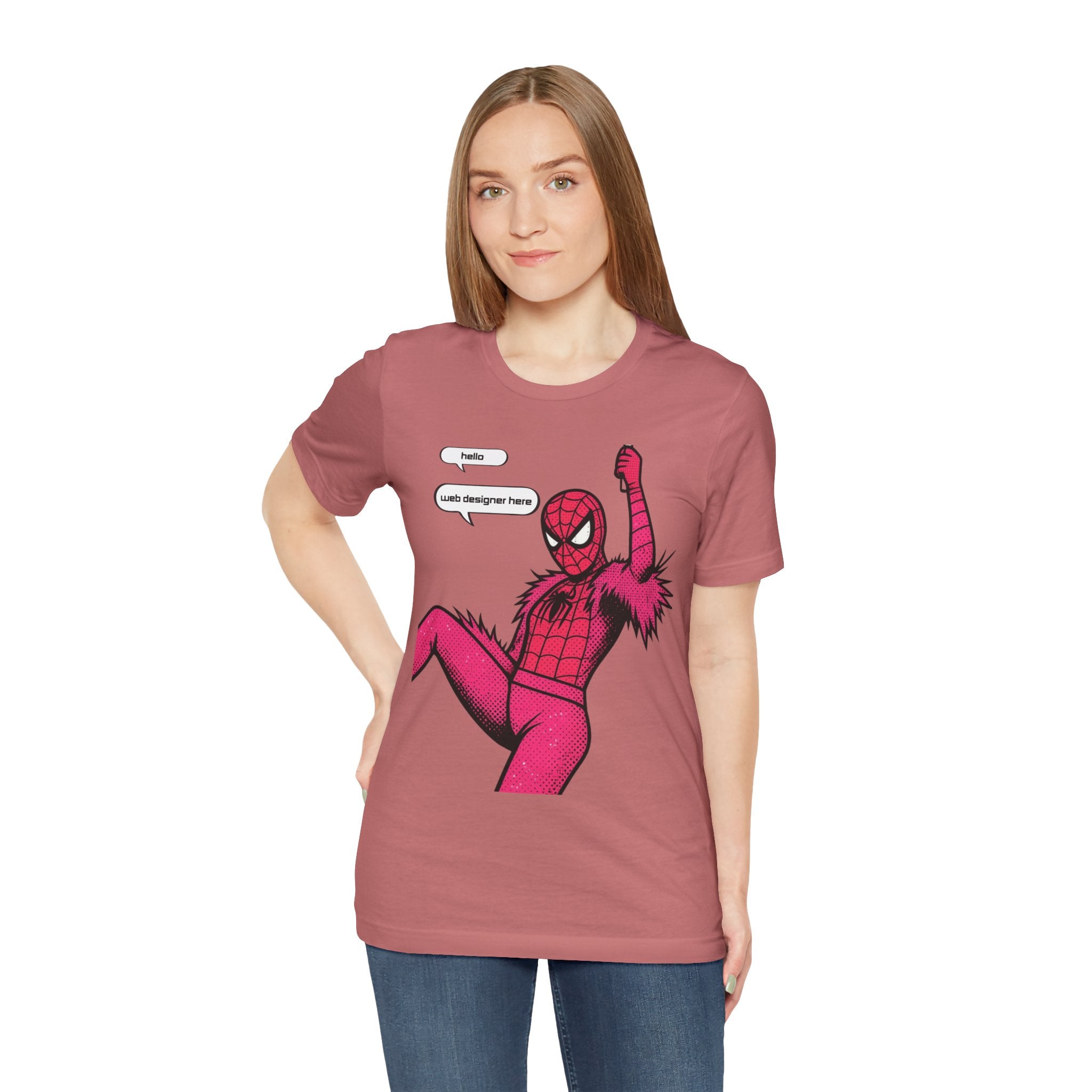 Graphic Tee — Pink Spider Costume with Speech Bubbles (“Hello” / “Add designer here”)