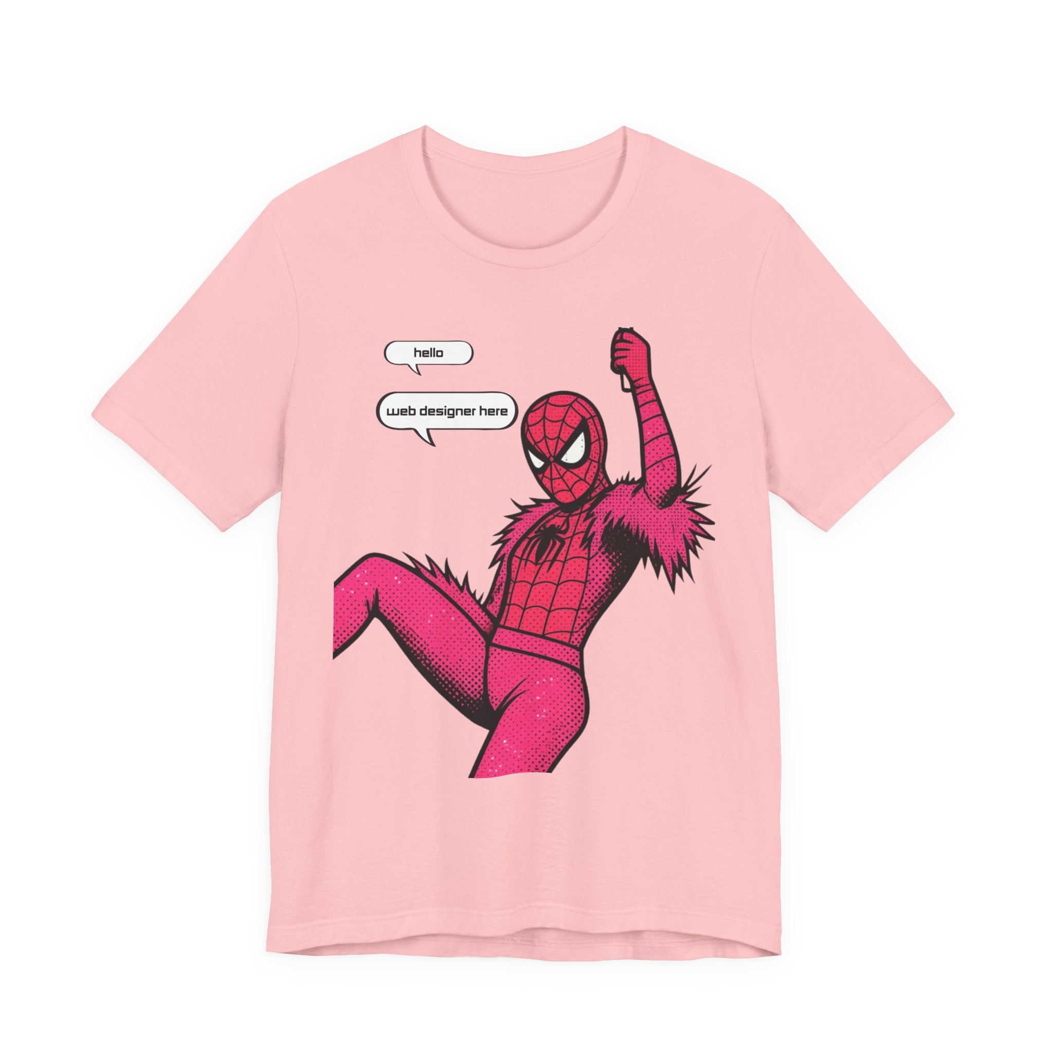 Graphic Tee — Pink Spider Costume with Speech Bubbles (“Hello” / “Add designer here”)