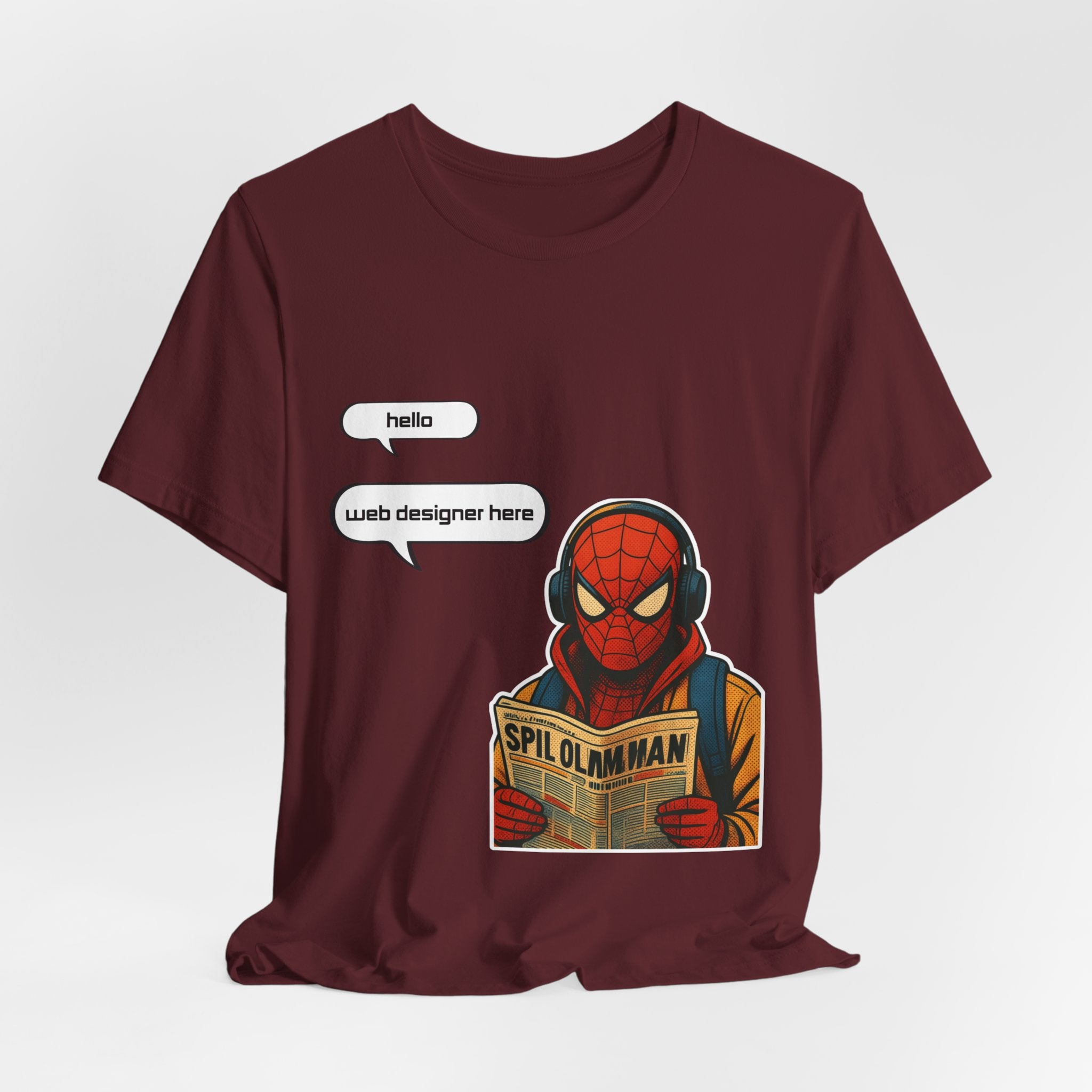 Spider Comic Tee - Reading 'SPIL OLMAN' Graphic T-Shirt
