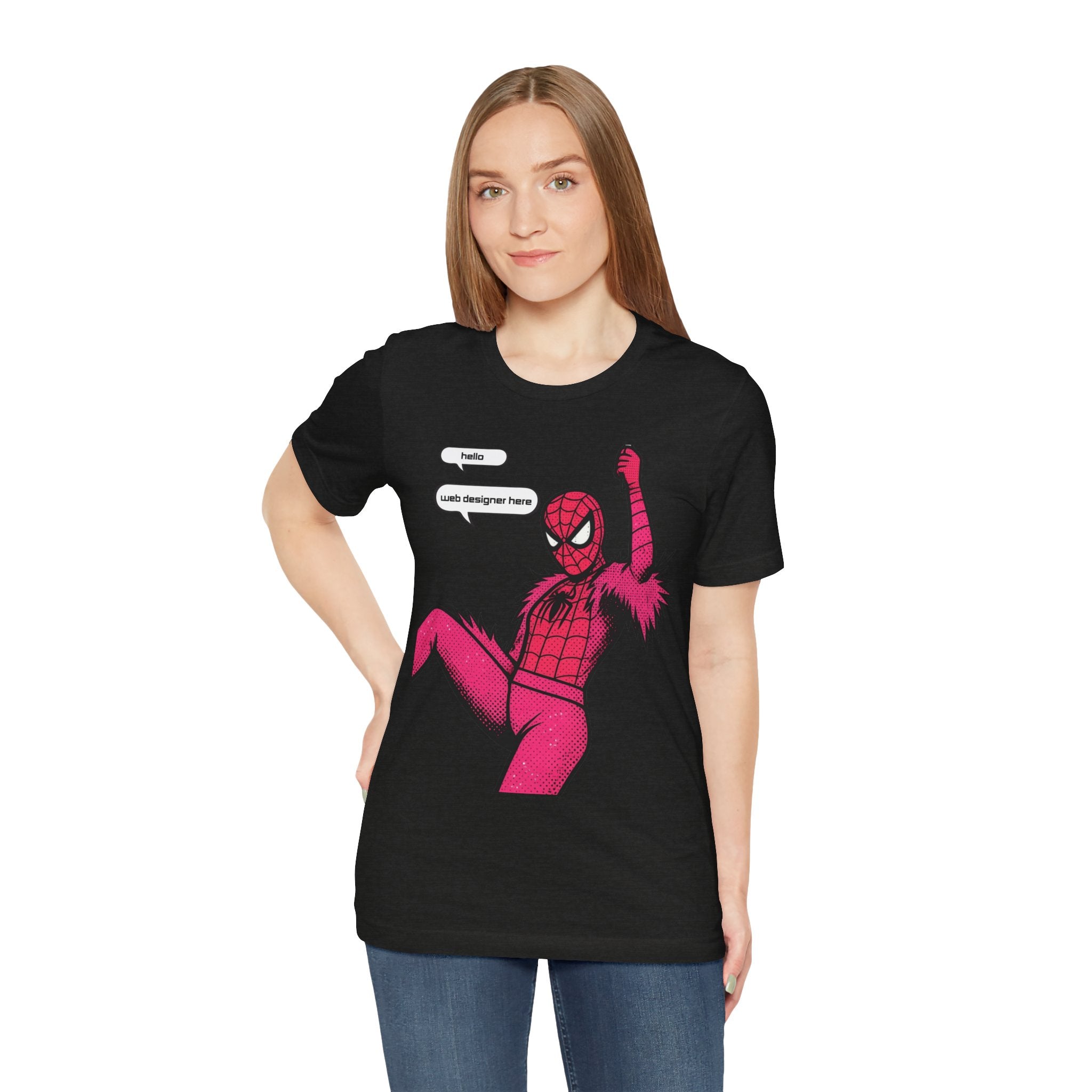 Graphic Tee — Pink Spider Costume with Speech Bubbles (“Hello” / “Add designer here”)