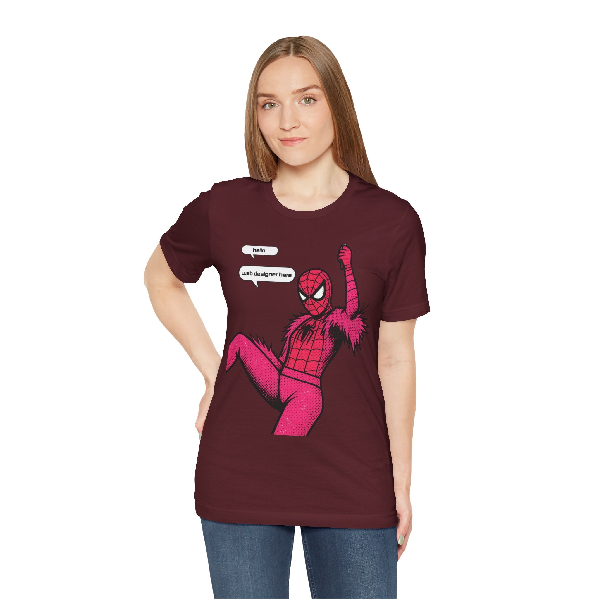 Graphic Tee — Pink Spider Costume with Speech Bubbles (“Hello” / “Add designer here”)