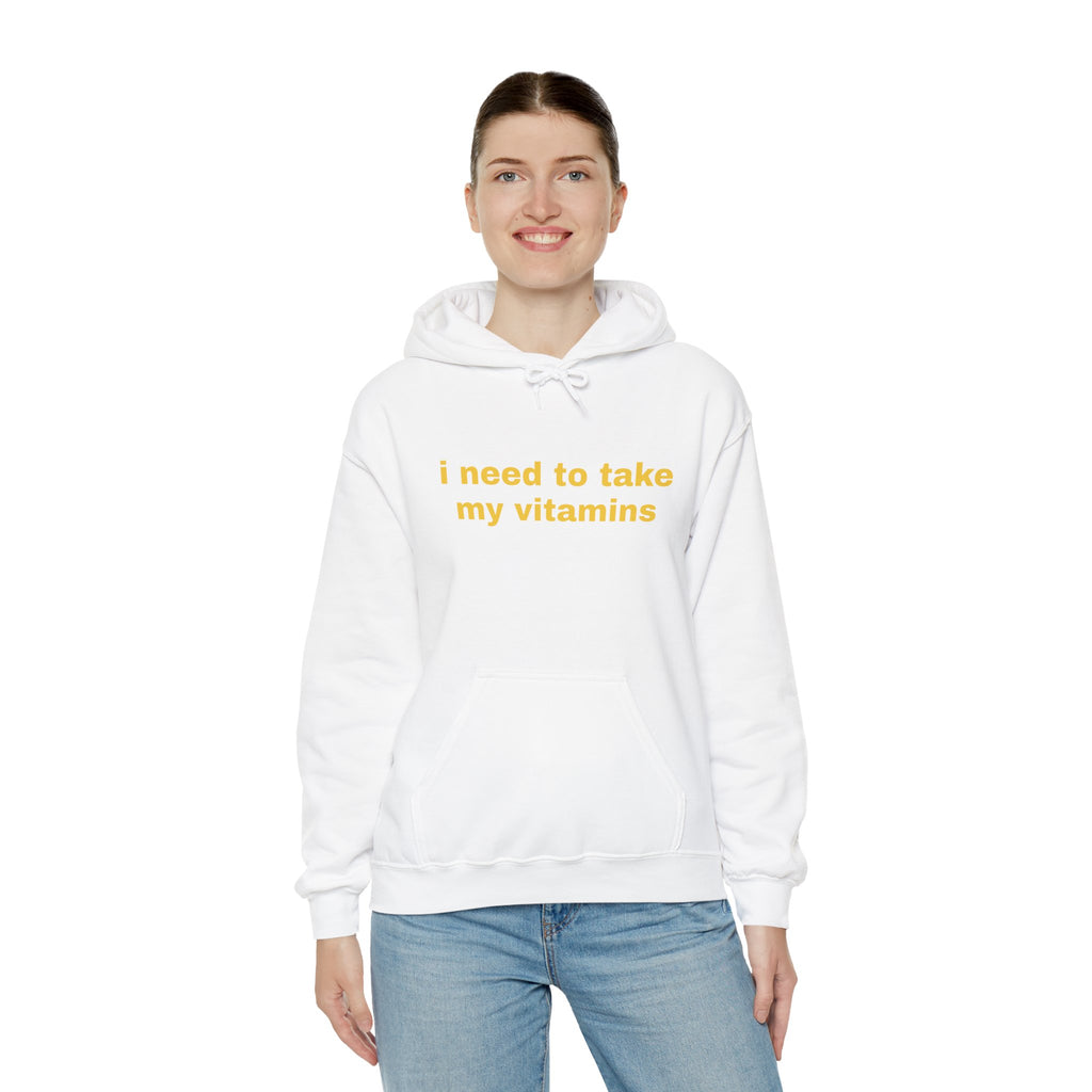 Vitamin Reminder Hoodie – “I need to take my vitamins” Cozy Pullover with Pill Bottle Back Print