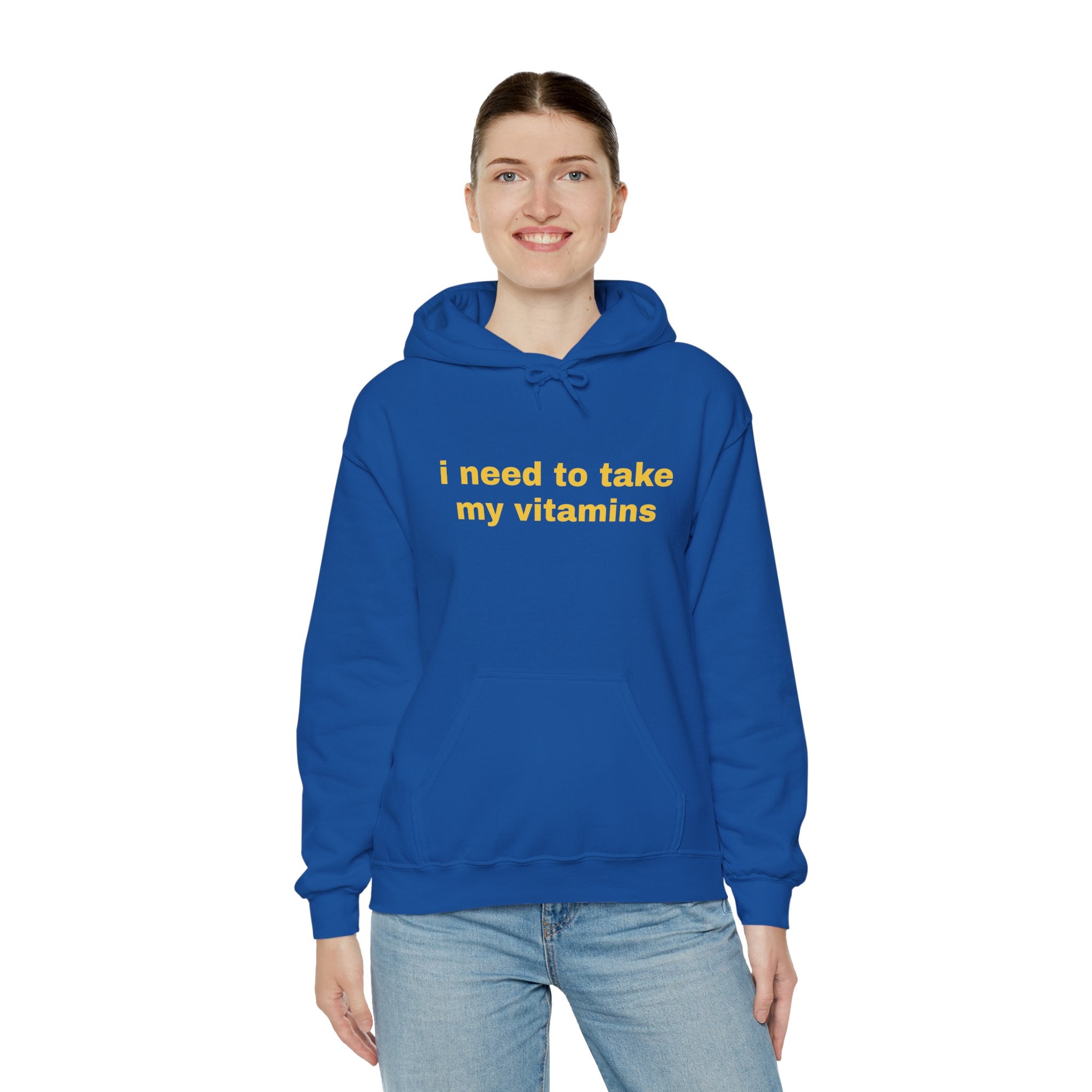 Vitamin Reminder Hoodie – “I need to take my vitamins” Cozy Pullover with Pill Bottle Back Print