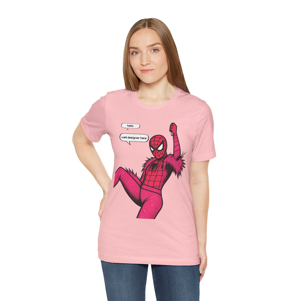 Graphic Tee — Pink Spider Costume with Speech Bubbles (“Hello” / “Add designer here”)