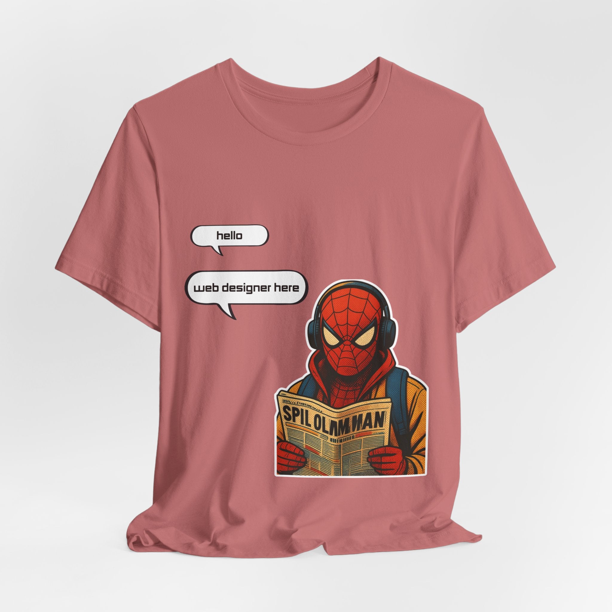 Spider Comic Tee - Reading 'SPIL OLMAN' Graphic T-Shirt