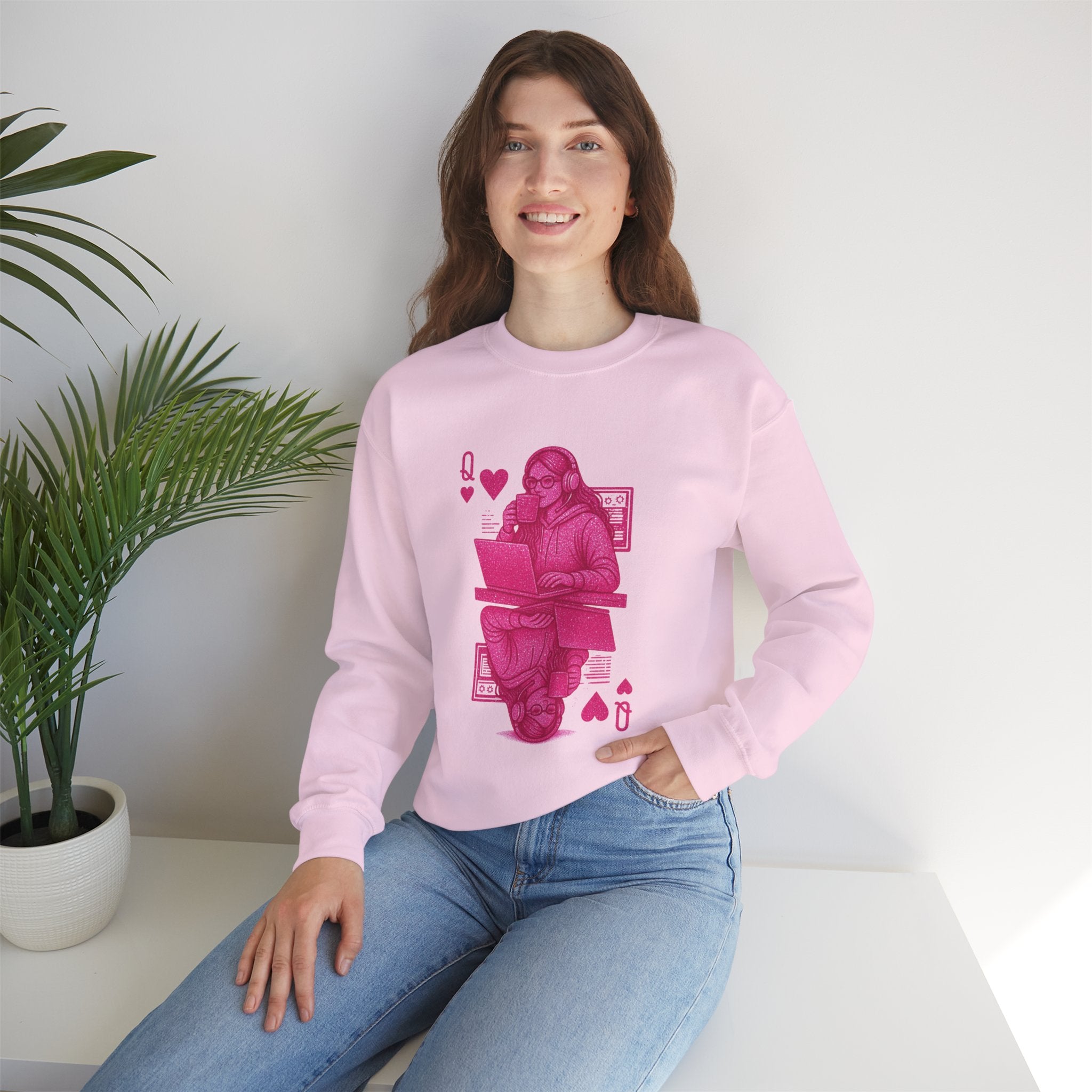 Crewneck Sweatshirt — Pink Gamer Queen Playing Card Design