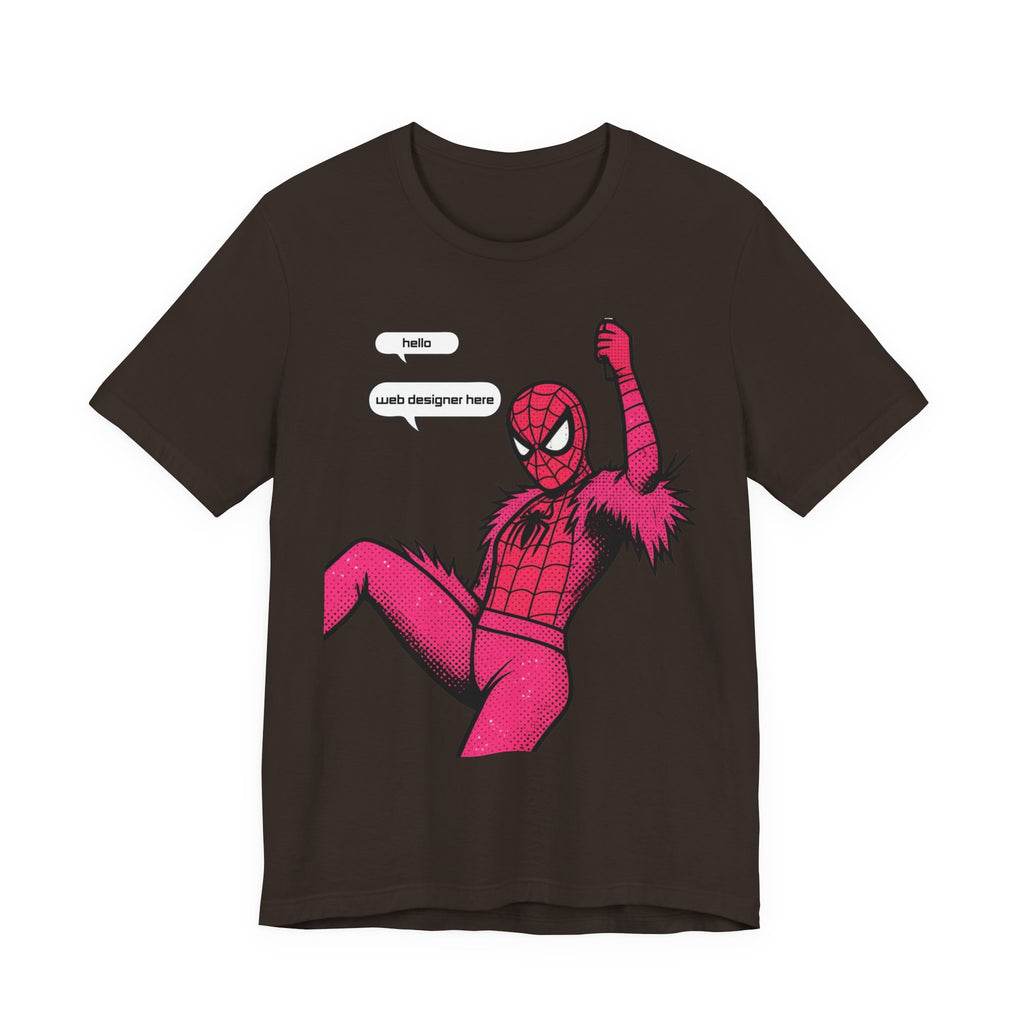 Graphic Tee — Pink Spider Costume with Speech Bubbles (“Hello” / “Add designer here”)