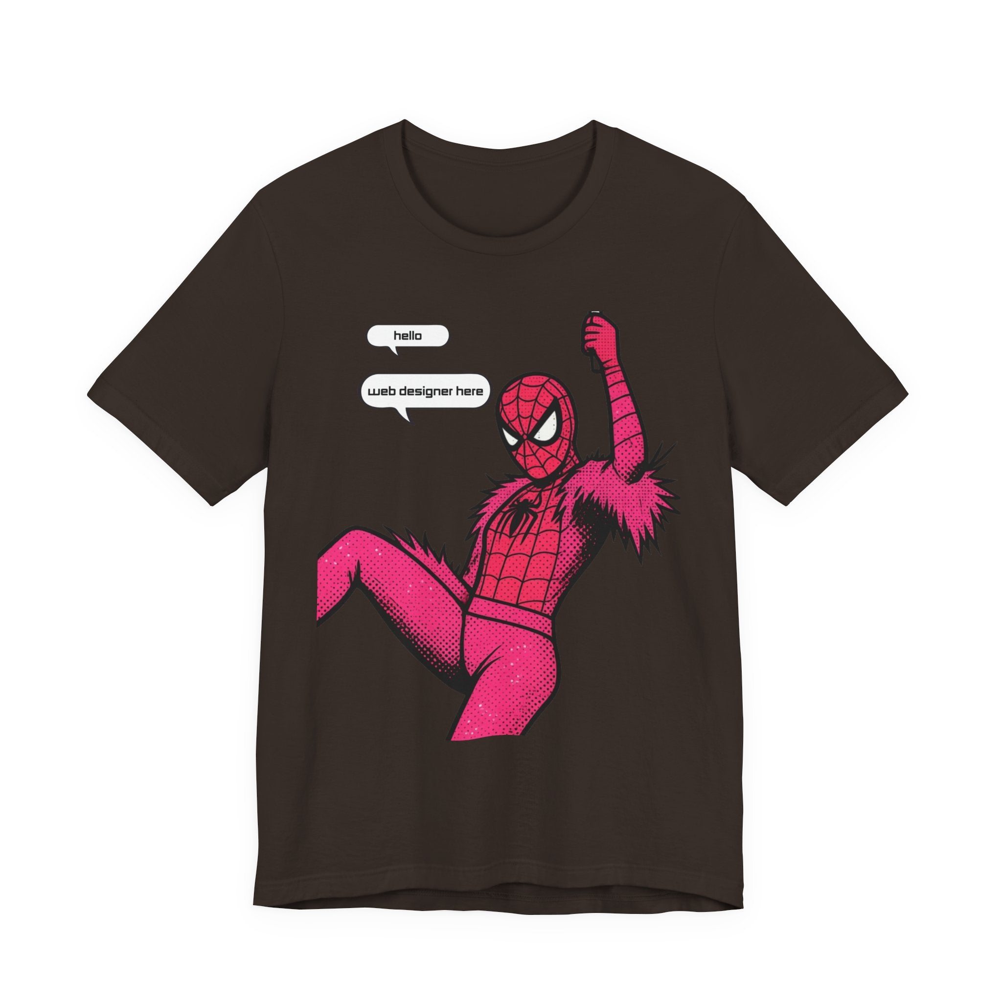 Graphic Tee — Pink Spider Costume with Speech Bubbles (“Hello” / “Add designer here”)