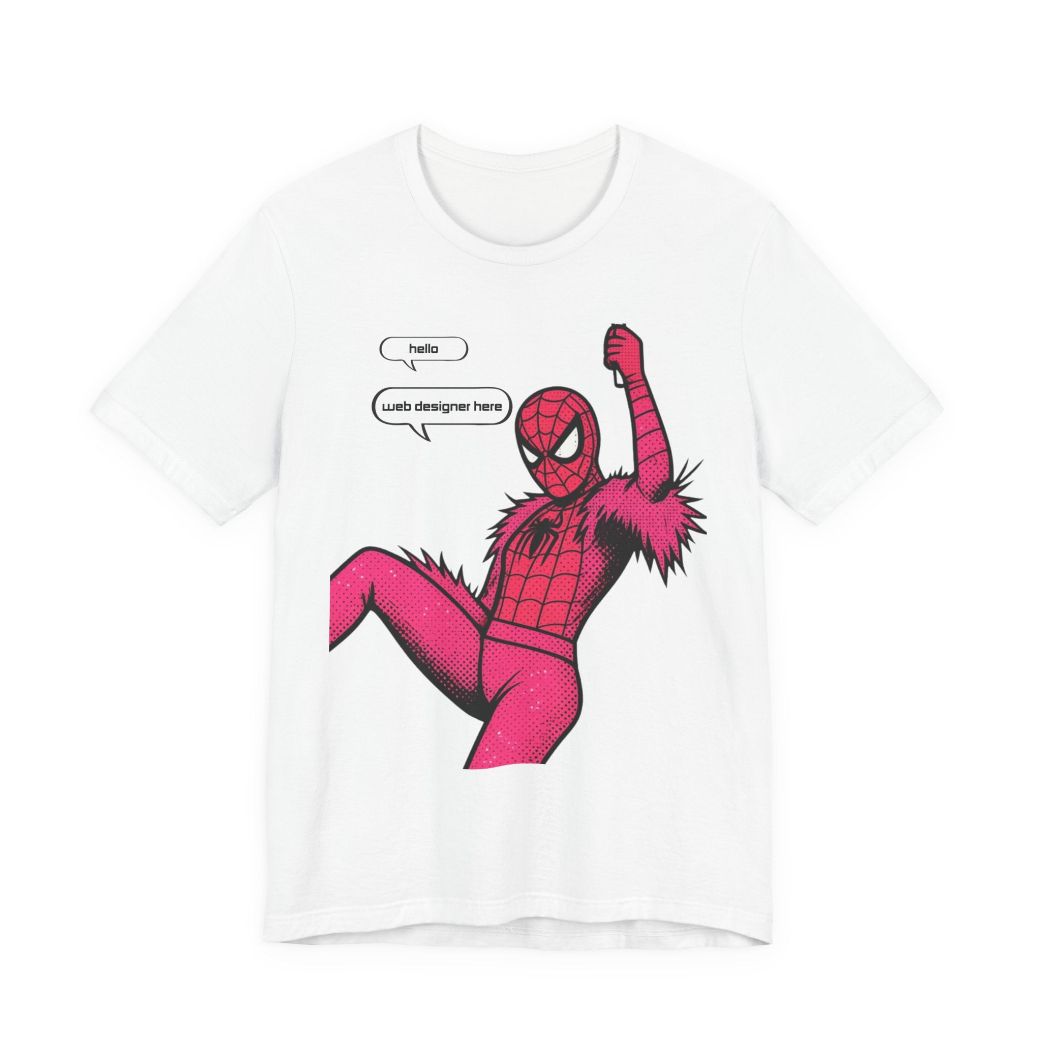 Graphic Tee — Pink Spider Costume with Speech Bubbles (“Hello” / “Add designer here”)