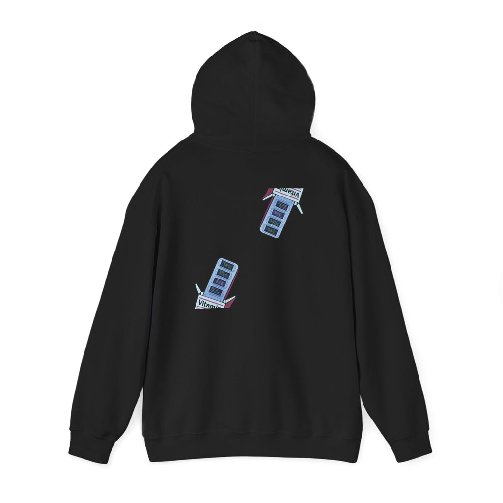 Vitamin Reminder Hoodie – “I need to take my vitamins” Cozy Pullover with Pill Bottle Back Print
