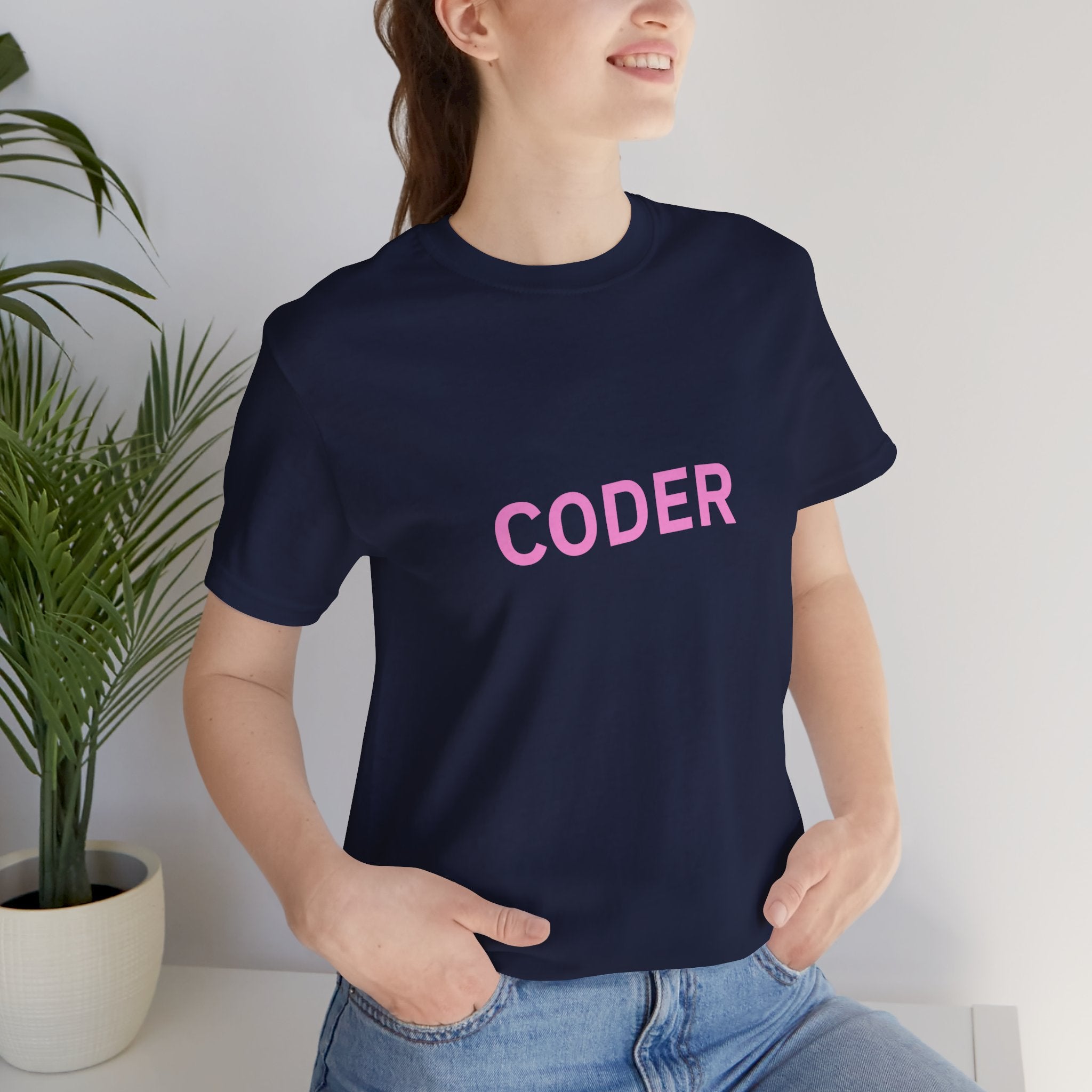Coder Graphic Tee — Minimal Pink Text Programmer T‑Shirt