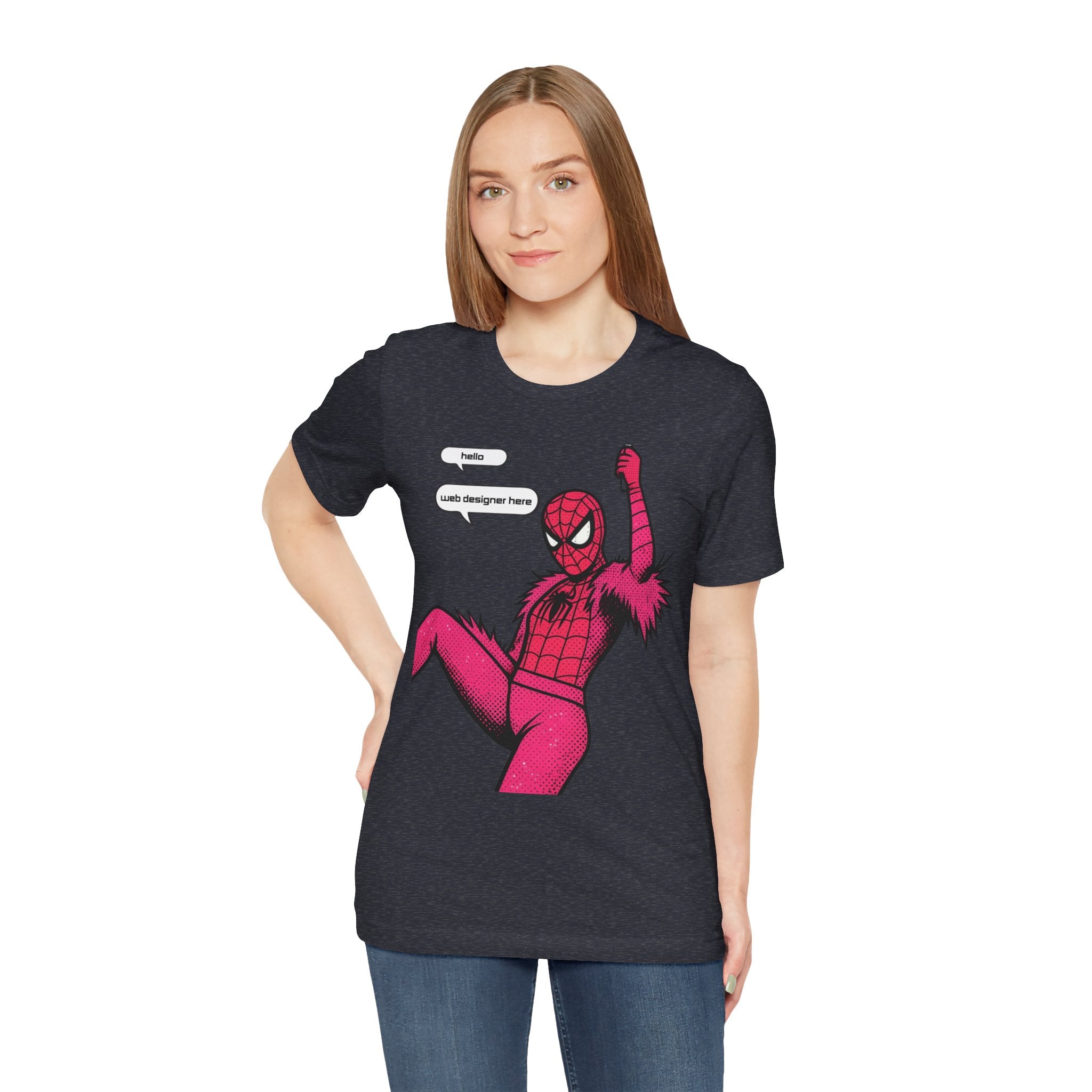 Graphic Tee — Pink Spider Costume with Speech Bubbles (“Hello” / “Add designer here”)