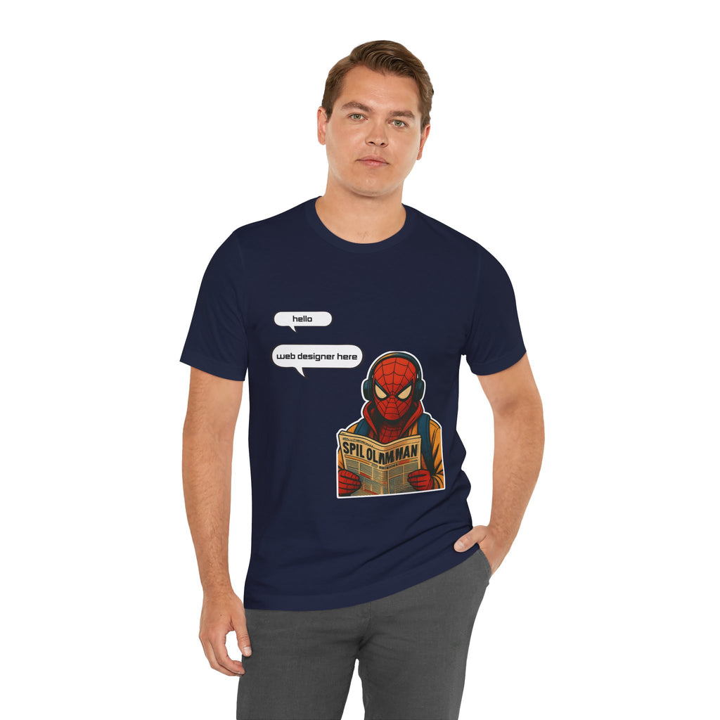 Spider Comic Tee - Reading 'SPIL OLMAN' Graphic T-Shirt