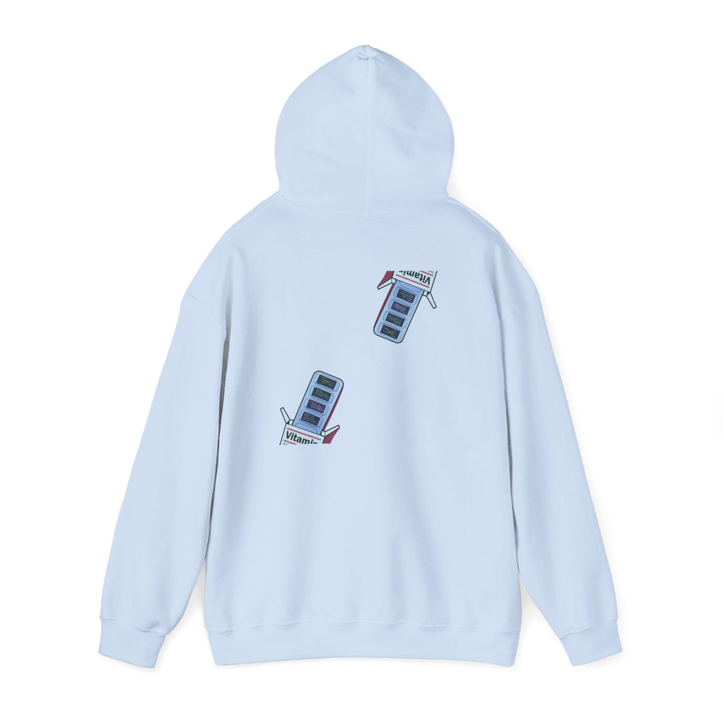 Vitamin Reminder Hoodie – “I need to take my vitamins” Cozy Pullover with Pill Bottle Back Print